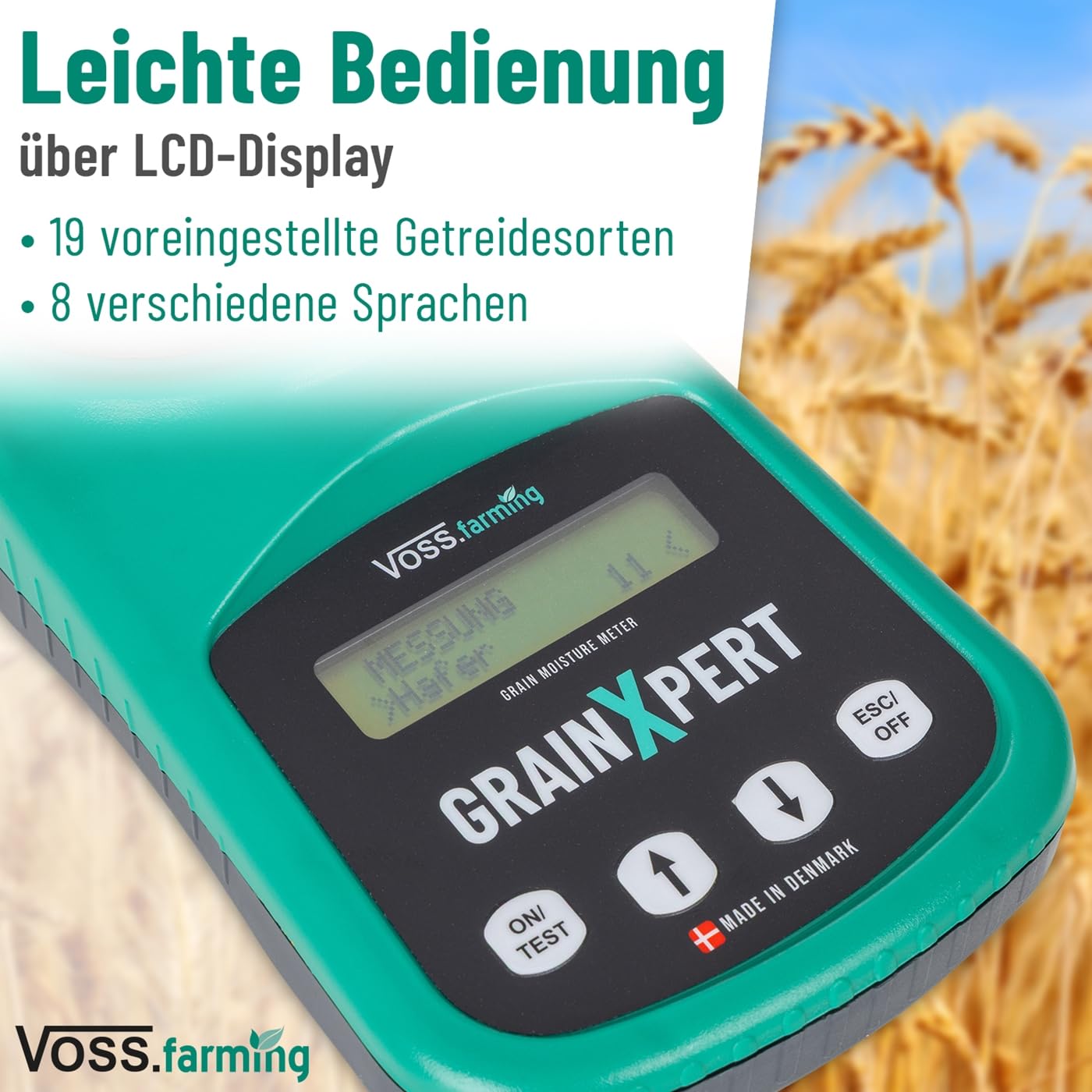 VOSS.farming GrainXpert Getreidefeuchtigkeitsmessgerät mit Mahlwerk, LCD Display, mit Transportkoffer, präzises Getreidemessgerät für draußen