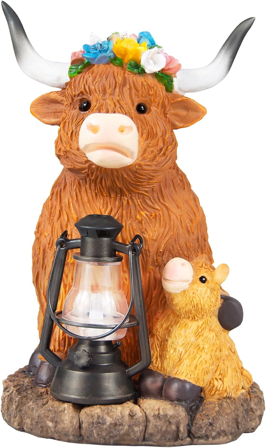 Highland Cow Solar Lights, Solar Powered Statues for Garden,Outside Decor with Latern for Yard Birthday Easter Gifts for Grandma Mom Women Funny Decorations for Yard and Patio Gifts