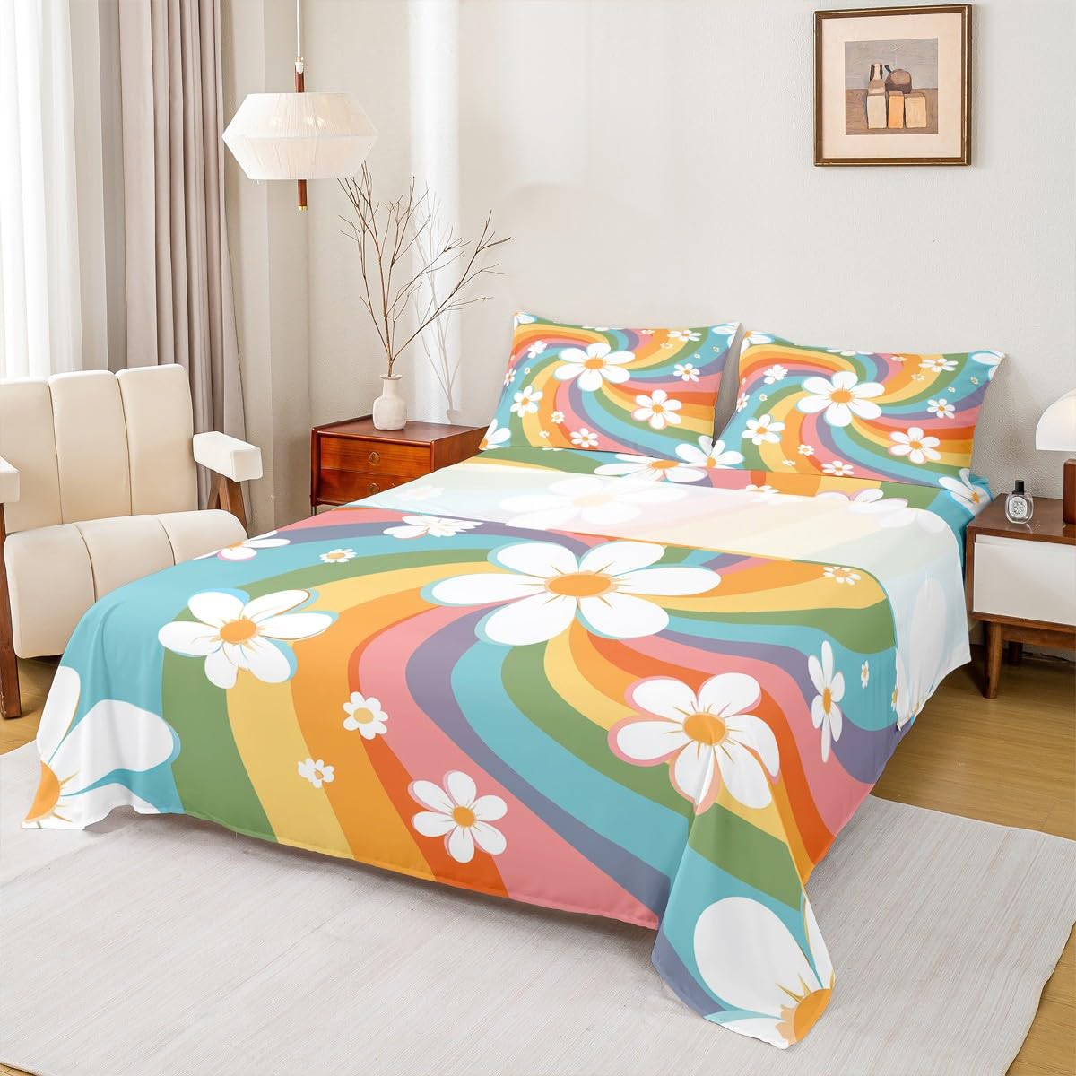 Cartoon Flowers Bed Sheet Queen Set Colorful Stripes Sheets Sets Adults Bedroom Decor Rainbow Hippie Microfiber Bedding Set with Flat,Fitted Sheet,2 Pillow Cases