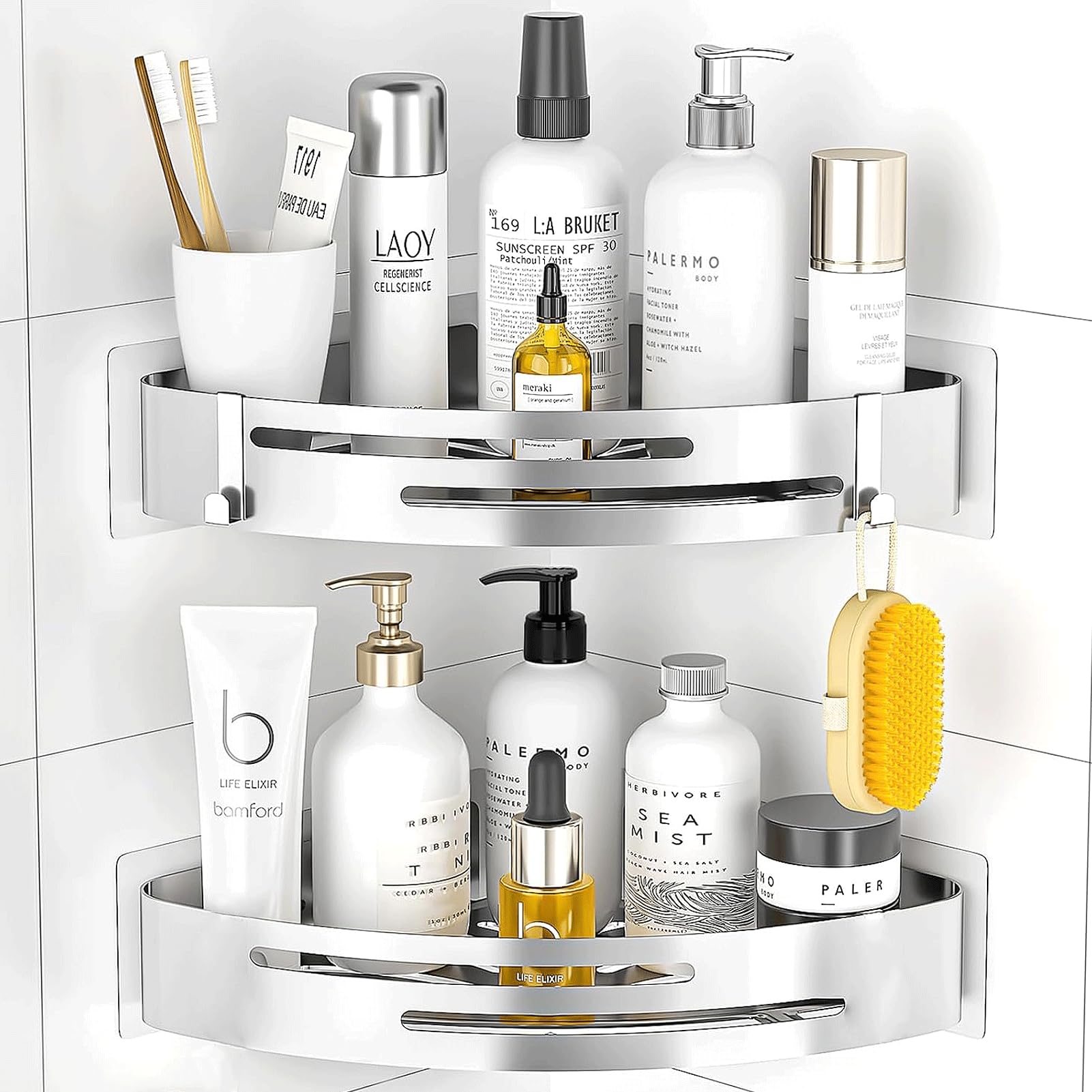 PNNP Duschablage Ohne Bohren Ecke: Duschrega Edelstahl 2 Stück Duschkorb Selbstklebend Mit 2 Haken Badezimmer Regal für dusche aufbewahrung Shampoo und Duschgel (Silber)