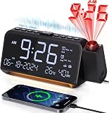 Mesqool Radio Réveil Projecteur de Plafond avec Projecteur 320°, Mode Jours Ouvrables/Week-End, 2 Alarmes, Chargeur USB de Type C, FM, Variateur d'intensité, Température, Humidité, Snooze, 12/24H - 1