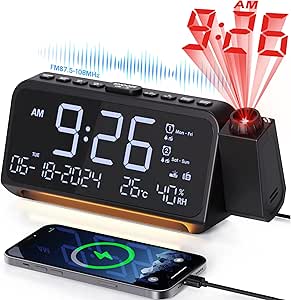 Projectiewekker met radio, digitale klok met 180° draaibare projector