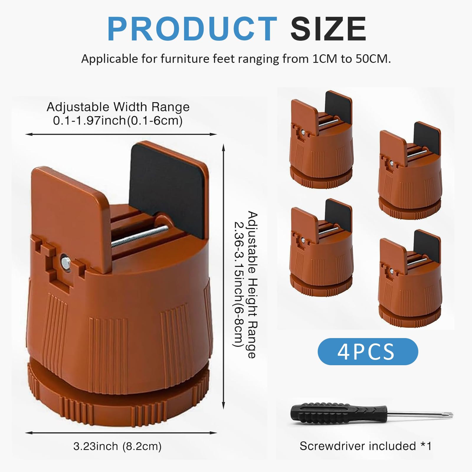 4 sztuki podwyższenia mebli 6-8 cm – regulowane podwyższenie łóżka z zaciskiem śrubowym do nóg krzeseł 10-50 mm – wytrzymałe podwyższenie do łóżka, sofy, stołu i krzesła – zawiera śrubokręt