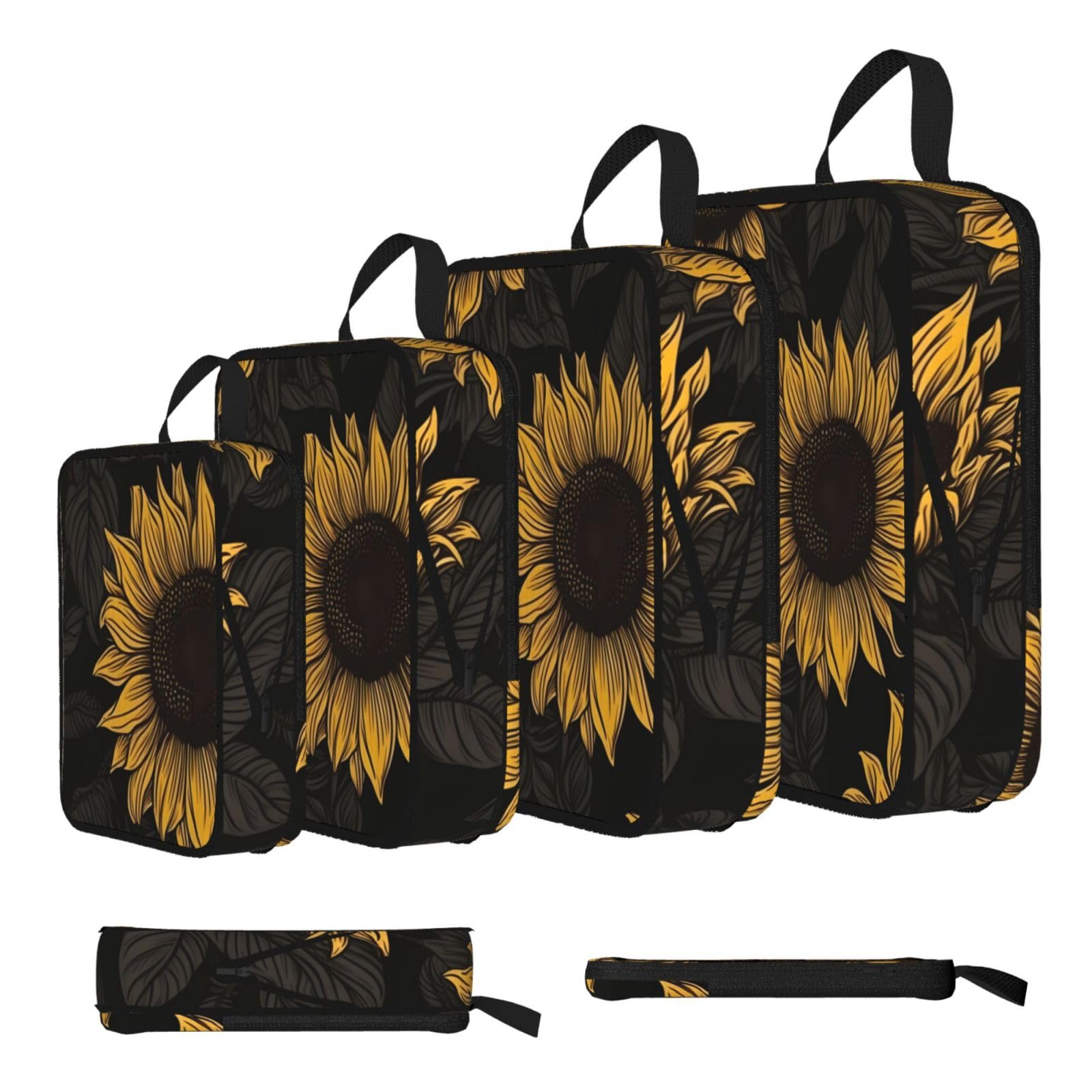 Ezdlowvba Black Sunflowers Printed Print Compression Packing Cubes 4-Piece Set With Multi- Compartment Travel Bag, Waterproof Suitcase Organiser Bags
