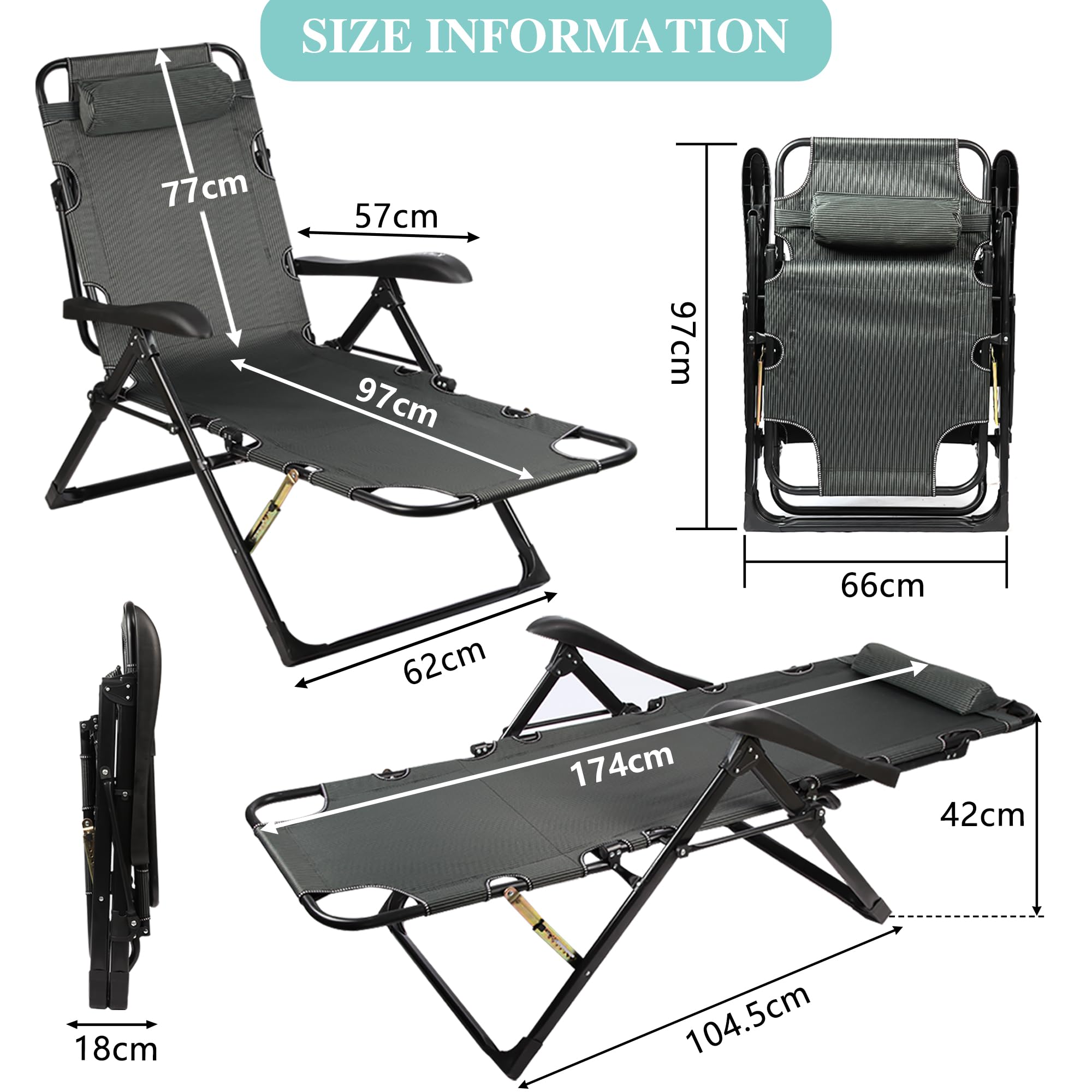 Sdraio da Giardino Pieghevole con Cuscino - Lettino Sedia a Sdraio Poltrona Relax Extra Large, 7 Schienali Regolabili, per Giardino Piscina Terrazza, Nero