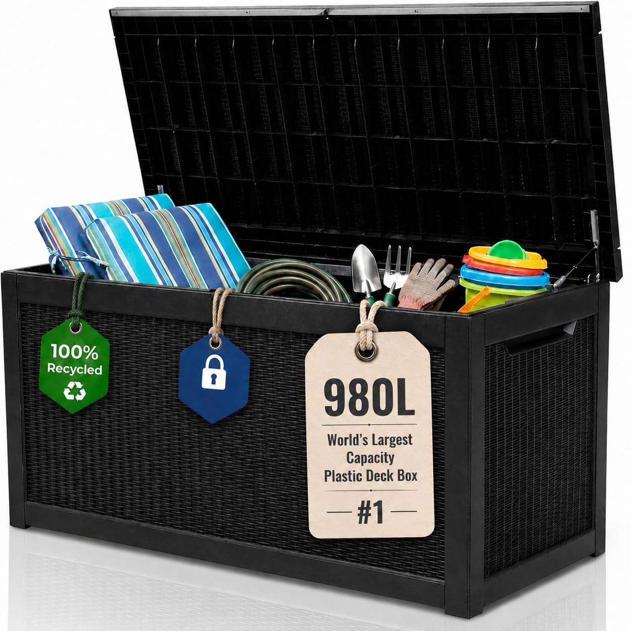 Olsen & Smith Anthracite 980L Xxl Garden Storage Box & Bench Seat – 100% Recycled Rattan-Effect Outdoor Box With Lid, Padlock & 250Kg Sit-On – Lockable Waterproof Chest For Cushions, Tools & Toys