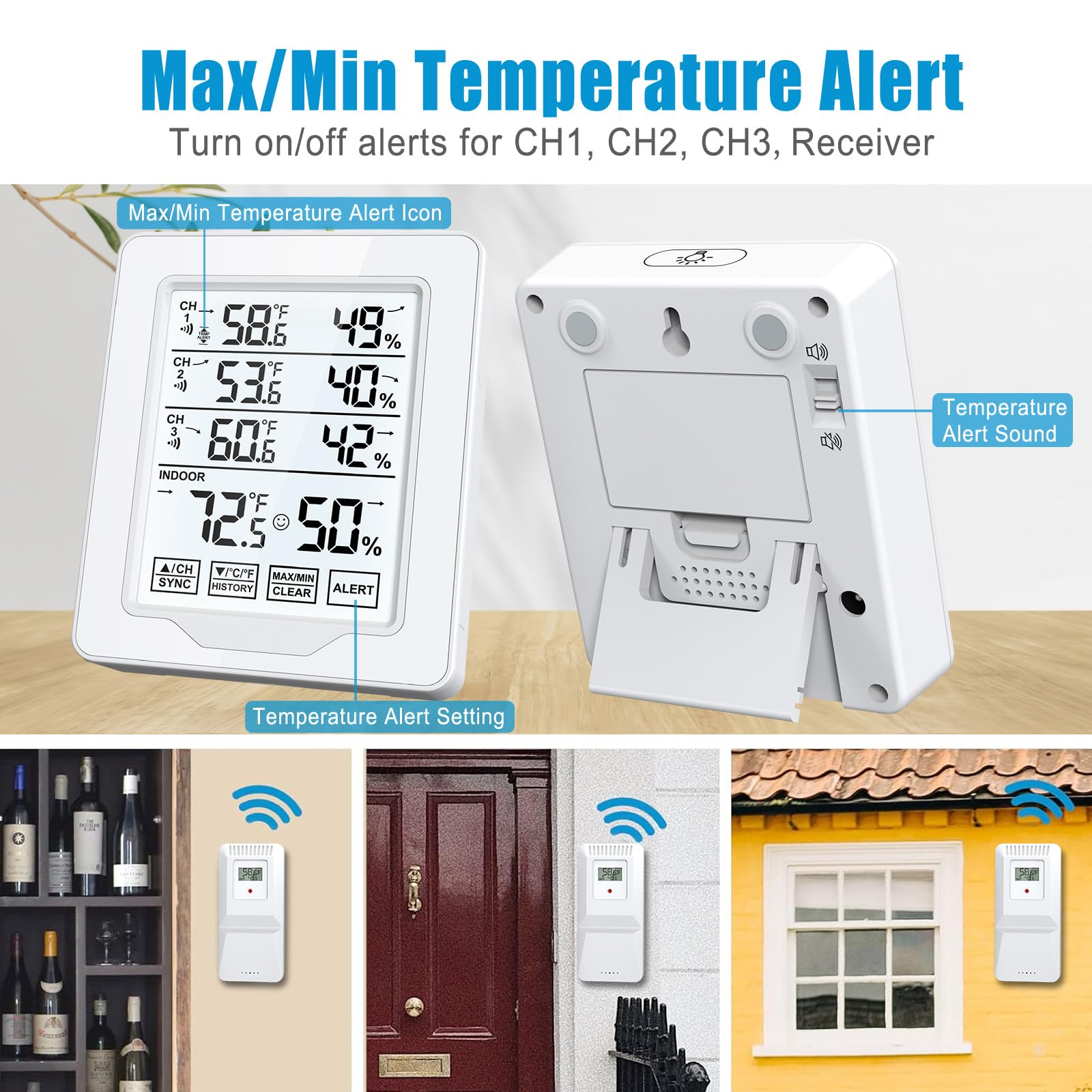Termometro wireless per interni ed esterni, con 3 sensori remoti, misuratore digitale di umidità della temperatura con portata di 150 m, allarme temperatura e retroilluminazione