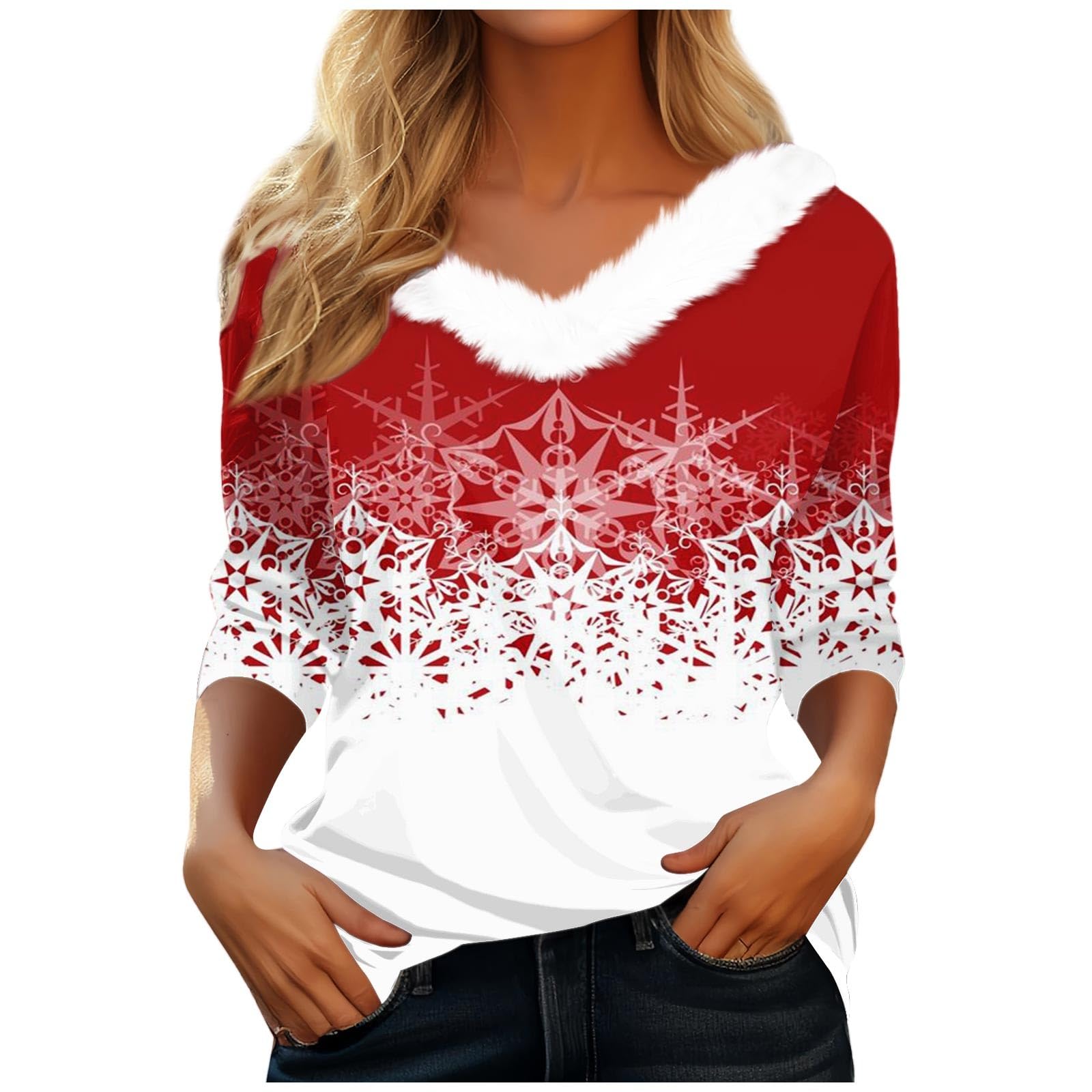 Divhosrg Christmas Tshirts Women T Shirt Tee Christmas Shirt Long Sleeve Party Christmas Fleece Collar V Neck Top