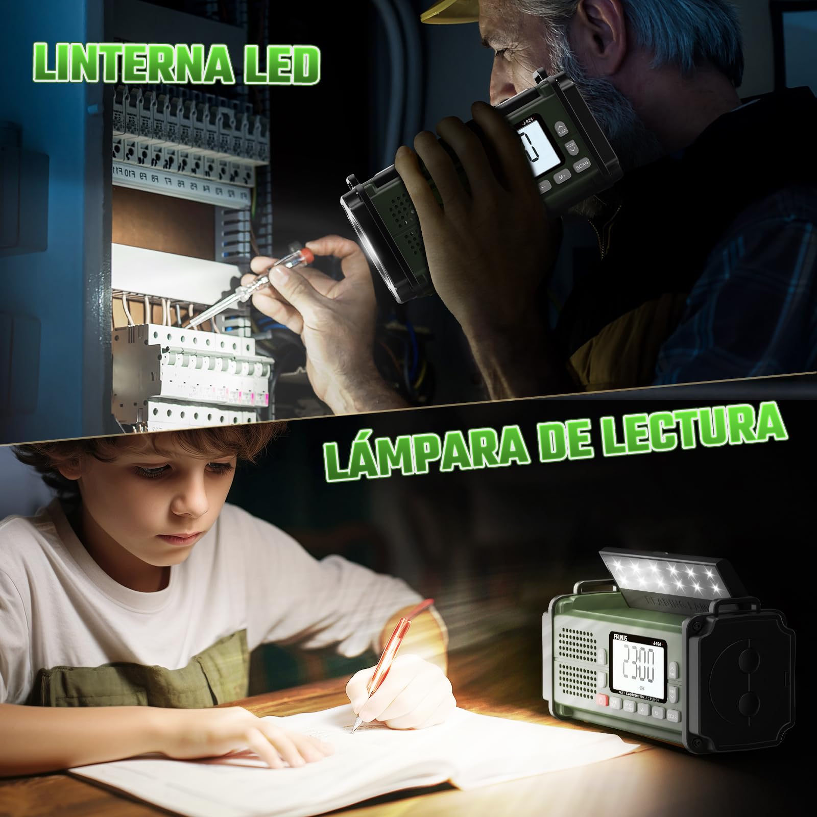 PRUNUS J-924 Am/FM/SW Radio Solar y a Pilas, Radios Digital con Función de Preselección, Radio Portatil Pequeña Recargable de 10000 mAh, Radios Emergencia con Manivela, Linterna, SOS.