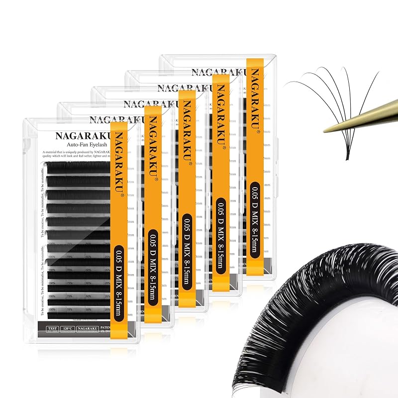 NAGARAKU Extensões de cílios Easy Fan Volume, 0.05 D, 8–15 mm, conjunto com 5 bandejas