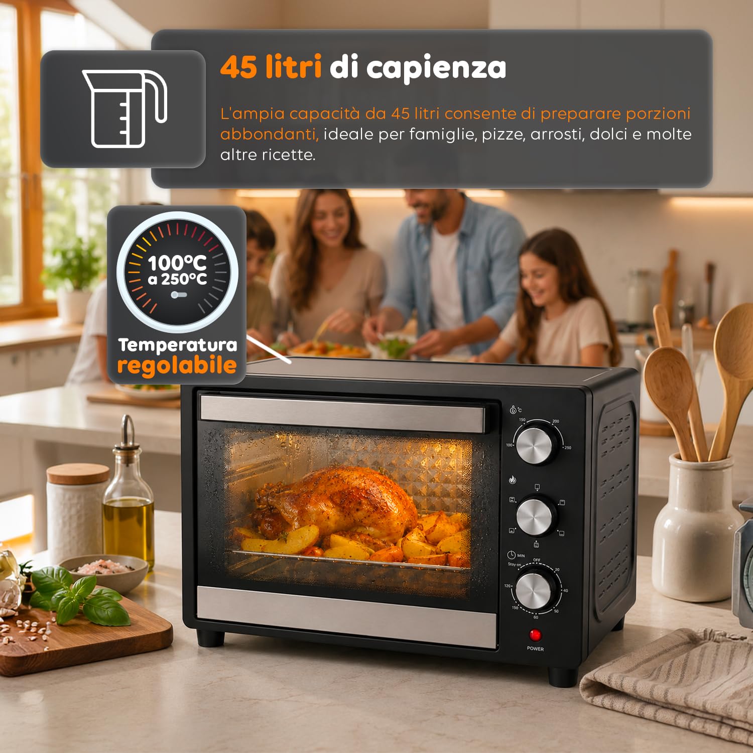 WINTEM Forno Elettrico da Banco 45 Litri Multifunzione Ventilato — Fornetto Elettrico con Timer, Doppio Vetro, Grill e Teglia in Acciaio Inox, 1800W
