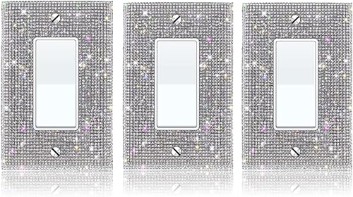 (3 unidades) Cubierta de interruptor de luz de piedra de imitación de plata brillante, cubierta de placa de pared brillante