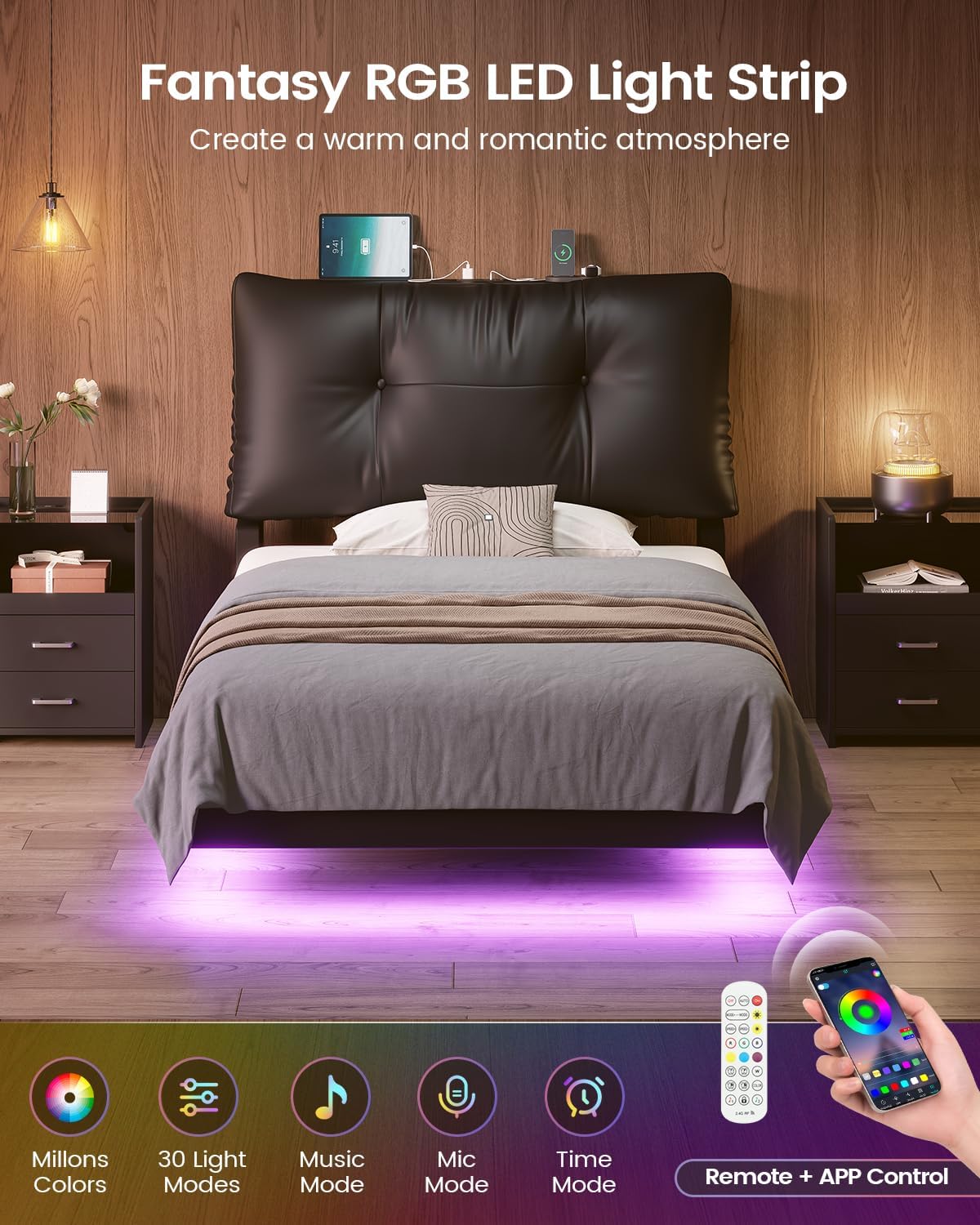 AOGLLATI Twin Bed Frames with Headboard and Storage, Floating Bed Frame Twin Size with Thick Upholstered Detachable Backrest, LED Bed Frame Twin, No Box Spring Needed, Black