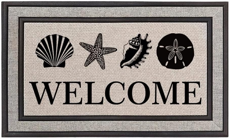Outdoor Indoor Doormat 18 x 30 Gray/Beige/Black Rubber Backed Door Mat Welcome Shells Beach