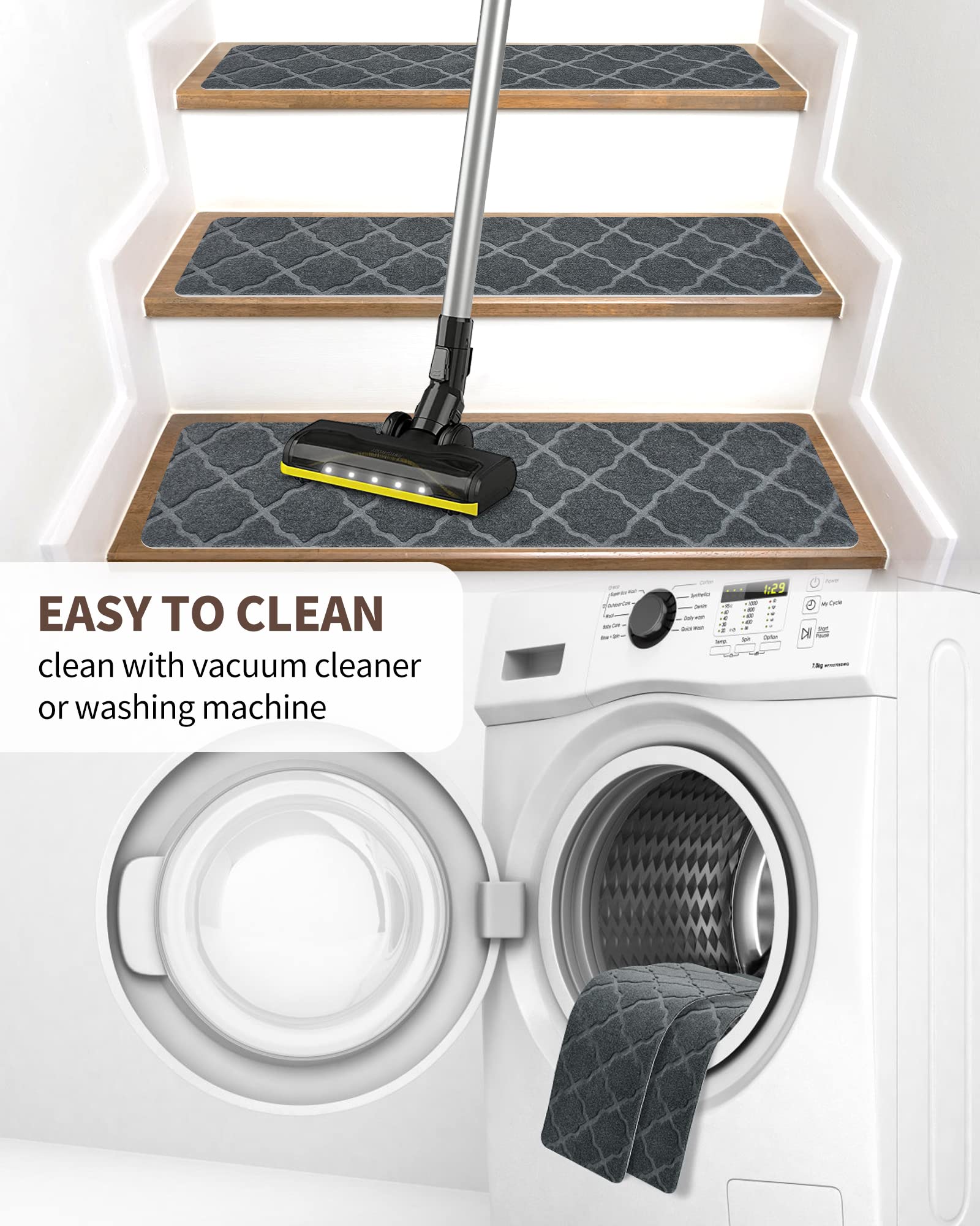 GROWLING Stair Treads Non Slip Indoor 8"X30", 15Pcs Stair Rugs with Measuring Tool, Peel & Stick Stair Carpet Runner for Wooden Steps, Stair Mat with Reusable Strong Grip Self Adhesive(Dark Grey)