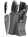 Ensemble de couteaux de cuisine Damas avec bloc, Razor Sharp 67-Layer VG10 Poignée en acier et triple rivet, Chef/Santoku/Utility/Couteaux de pain/pari inclus, Aiguiseur, Bloc en bois de cuisine, Gris, 9Pcs