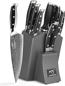 Damascus Kitchen Knife Set with Block, Razor Sharp 67-Layer VG10 Steel and Triple Rivet Handle, Included Chef/Santoku/Utility/Bread/Paring Knives, Sharpener, Kitchen Shears-Wooden Block, Grey, 9Pcs