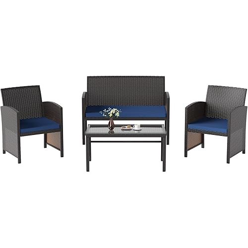 Kullavik 4 Pieces Outdoor Patio Furniture Set,PE Wicker Rattan Chairs Garden Conversation Sets with Tempered Glass Table and Soft Cushions for Porch,Balcony or Backyard,Navy Blue