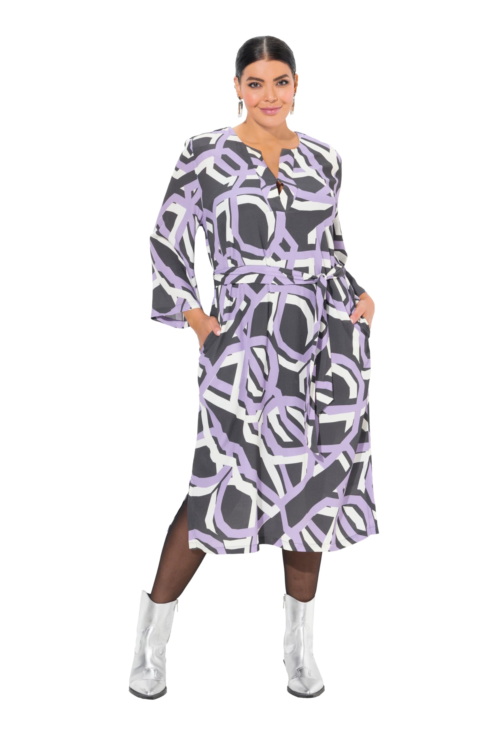 Ulla Popken Damen große Größen Übergrößen Plus Size Kleid, Tunika-Ausschnitt, 3/4-Arm, Bindegürtel 835192