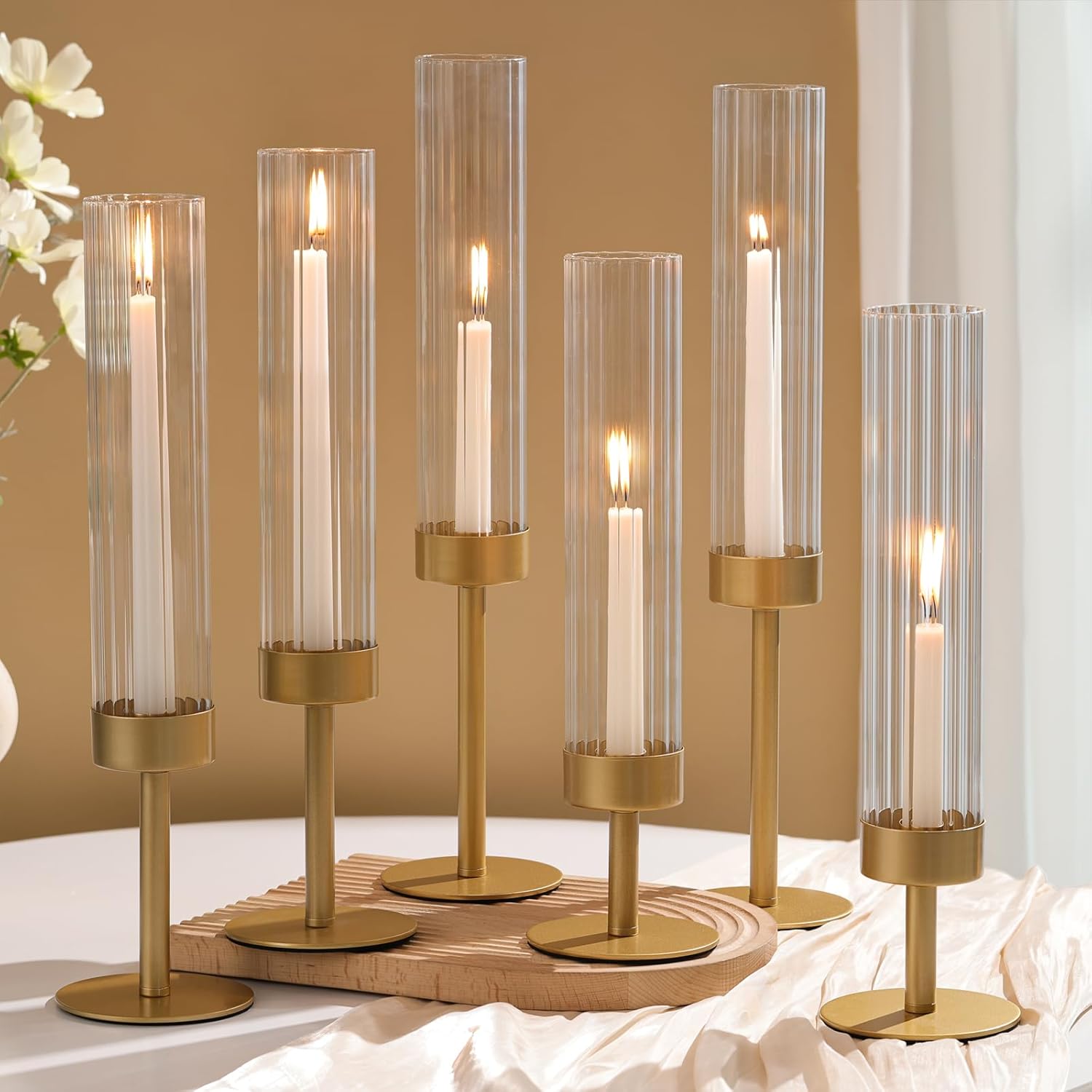 Volens Hurricane Glass Candle Holders Set of 6 Gold Taper Candle Holders with Ribbed Windproof Cylinder for 10'' Taper Candles, Wedding Table Centerpiece Home Decorations