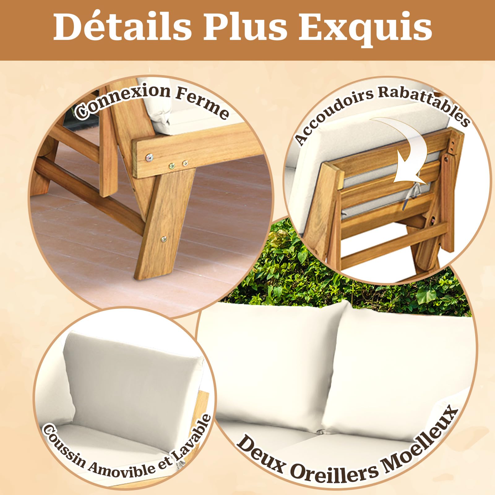 SOARS Canapé Convertible 3 en 1 en Bois d’Acacia avec Coussins Épais