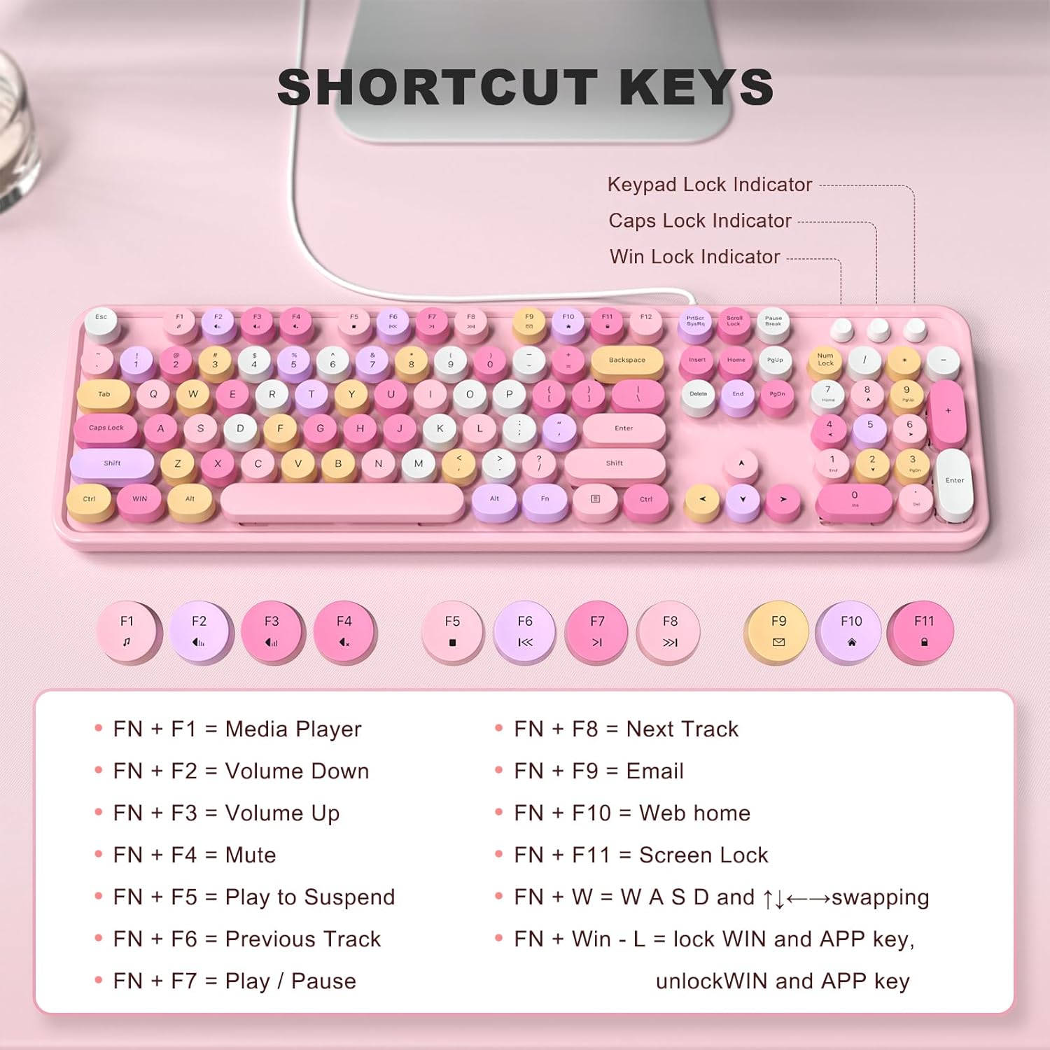 MOFII Wired Full Size USB Keyboard, Colorful Retro Round Typewriter Keyboard with Foldable Stands for Windows PC Laptop (Pale Pink) - Image 6