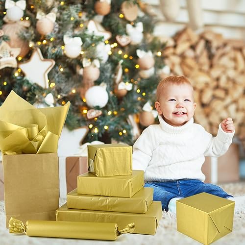 Miniatura 4 de NEBURORA Papel de seda dorado metálico para bolsas de regalo, 60 hojas de papel de seda dorado a granel de 14 x 20 pulgadas, papel de embalaje
