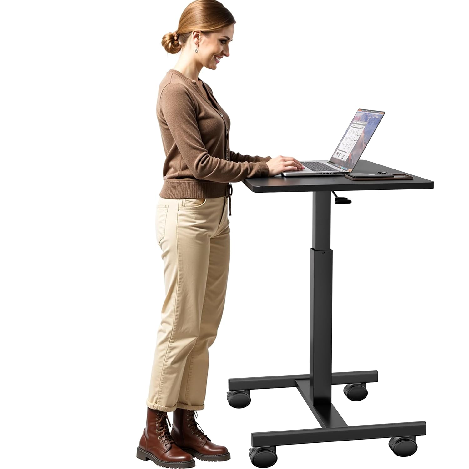 Mobile Laptop Standing Desk Adjustable Height Small Mobile Desk Workstation with Wheels Portable Rolling Computer Desk Cart for
