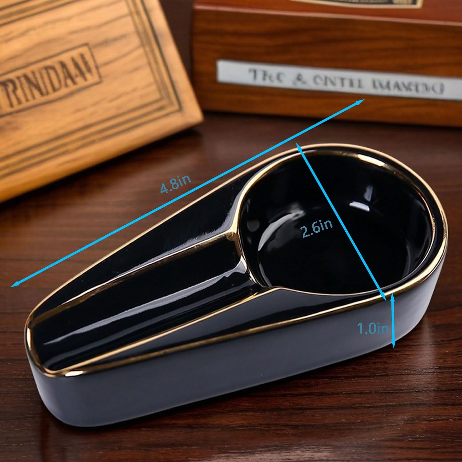 Cigar Ashtray Patio Single Ceramic Outdoor Ash Tray Cigars Portable Travel Porcelain Cigar Ashtrays Suitable for Gift Living Room Office Decoratio (Black with gold trim, M)
