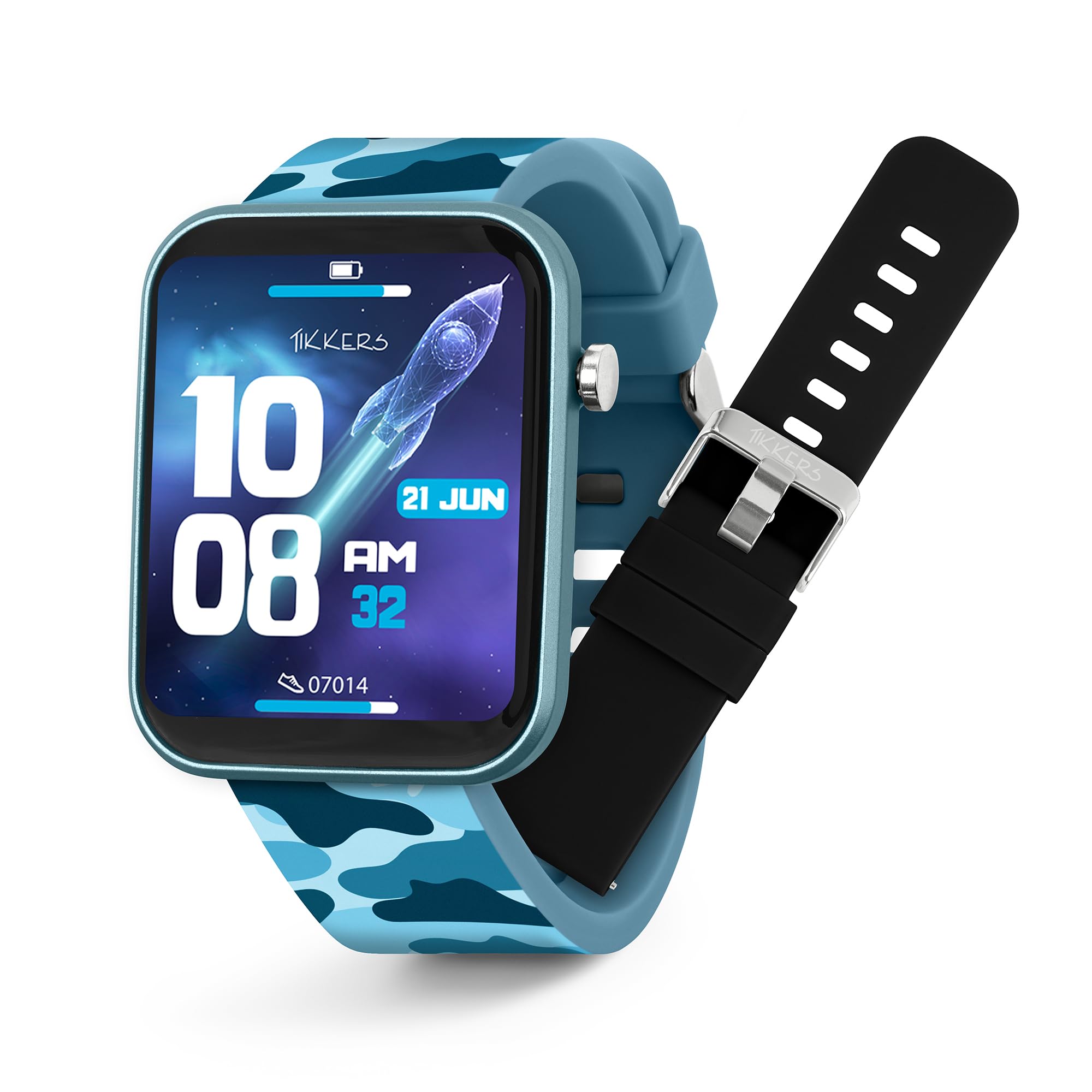 Tikkers Kids Series 13 smartwatch z monitorem fitness, budzikiem, kamerą, połączeniem GPS, pulsometrem, licznikiem kroków, ekranem dotykowym, IP68, wymiennym paskiem