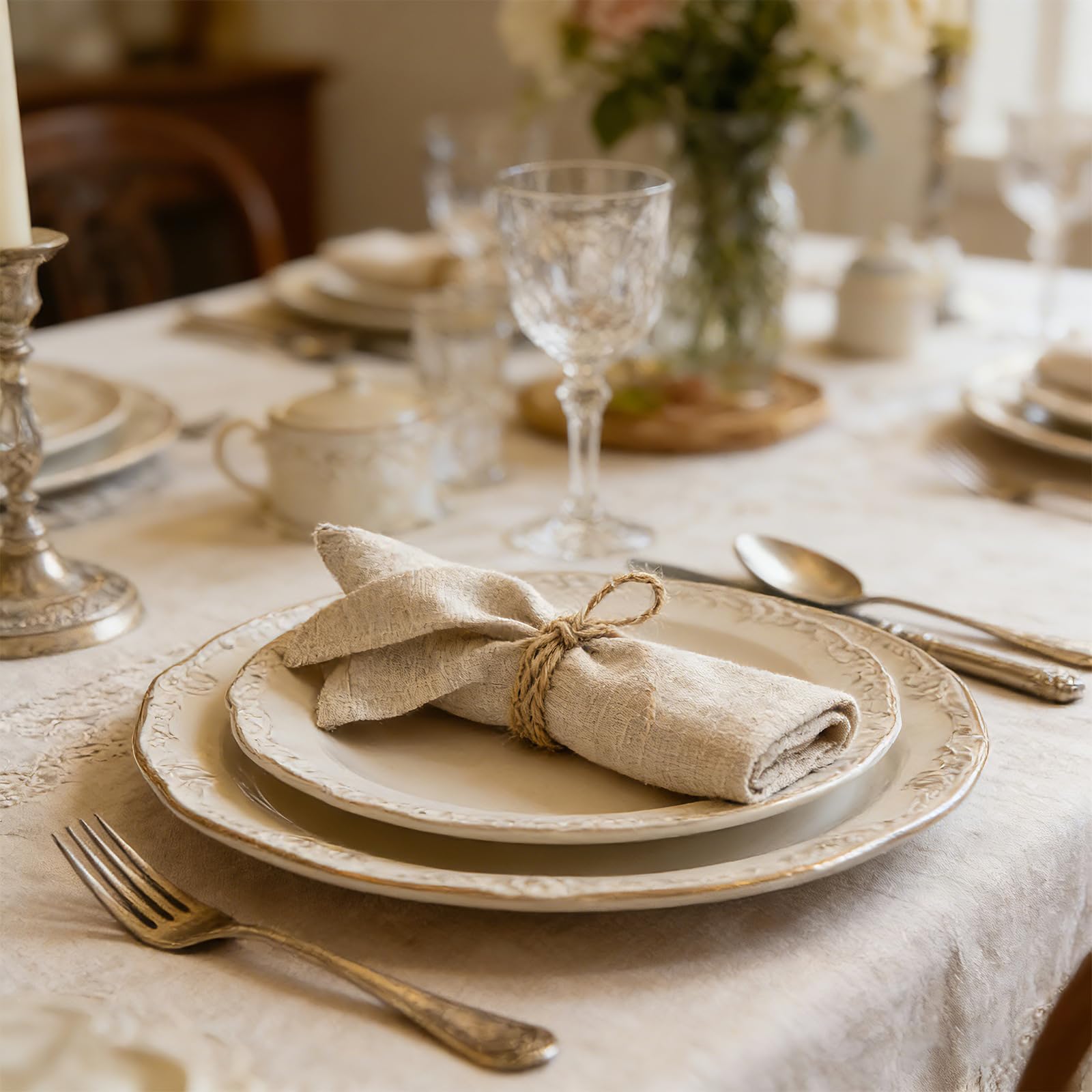 Lot de 12 serviettes en tissu, 40 x 40 cm, réutilisables, en tissu, 100 % naturel, en lin, en coton, décoration de table pour mariage, anniversaire, cuisine (beige)