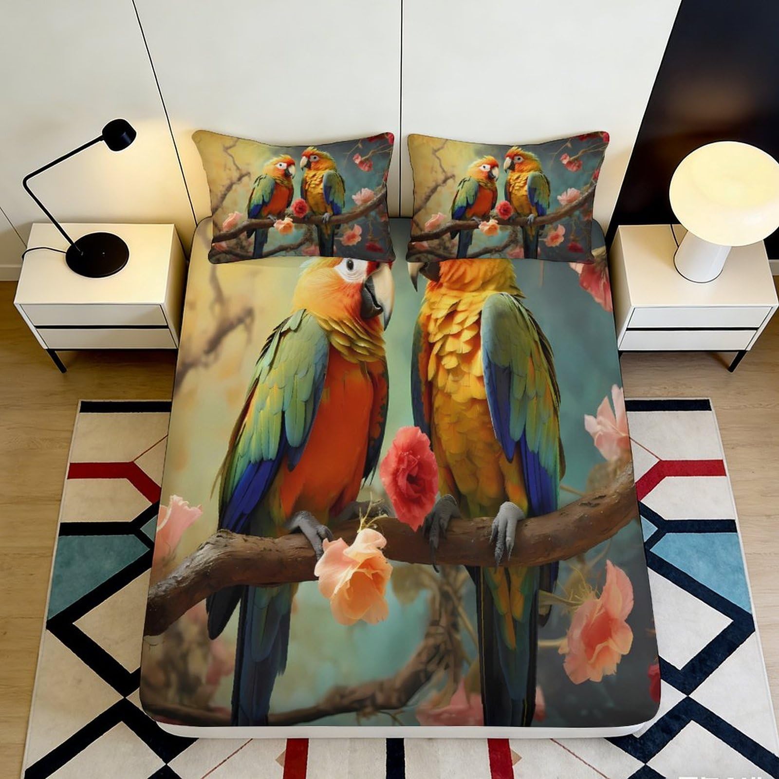 3D Printed Parrot Floral Fitted Sheet Microfiber Bedroom Decor Tropical Bird Mattress Cover for Home Guest Room 90x200x25cm