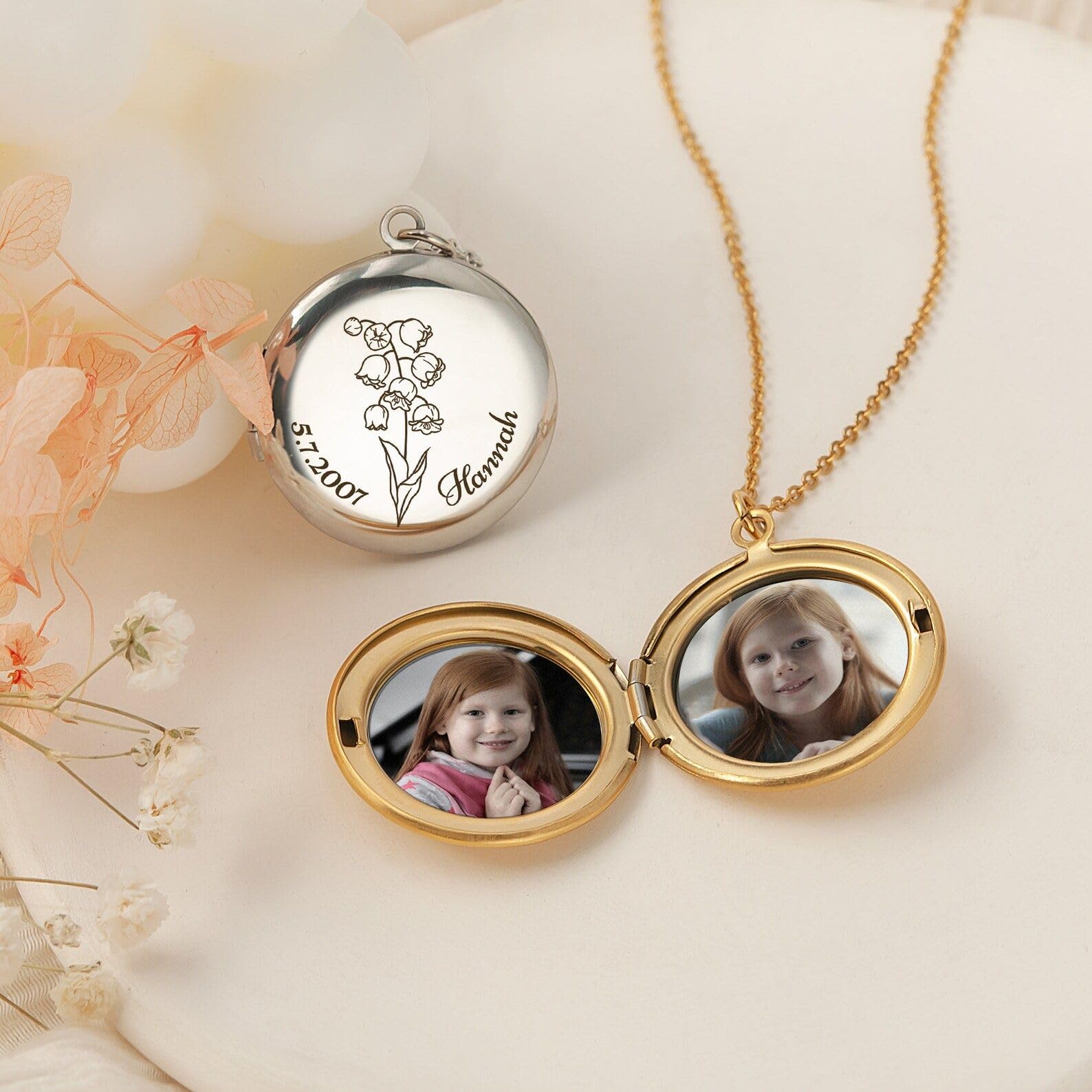 Générique Médaillon avec photo et fleur de naissance, forme ronde, fin