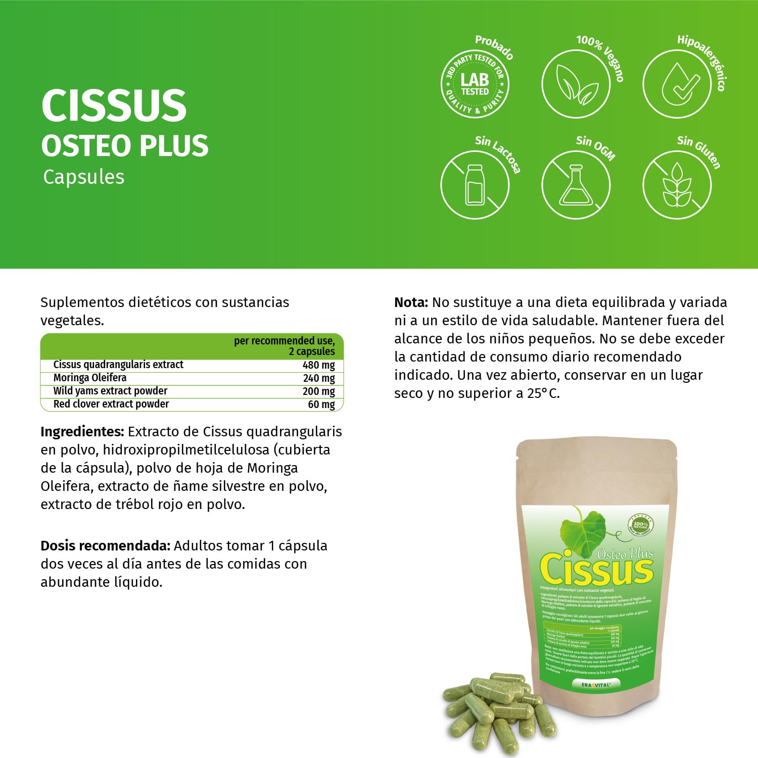 Cissus Quadrangularis Extrakt 60 Kapseln hochdosiert mit wichtigen Begleitern wie Moringa Oleifera, Wild Yams Extrakt und Rotklee Extrakt, die Knochenkraft unterstützen.