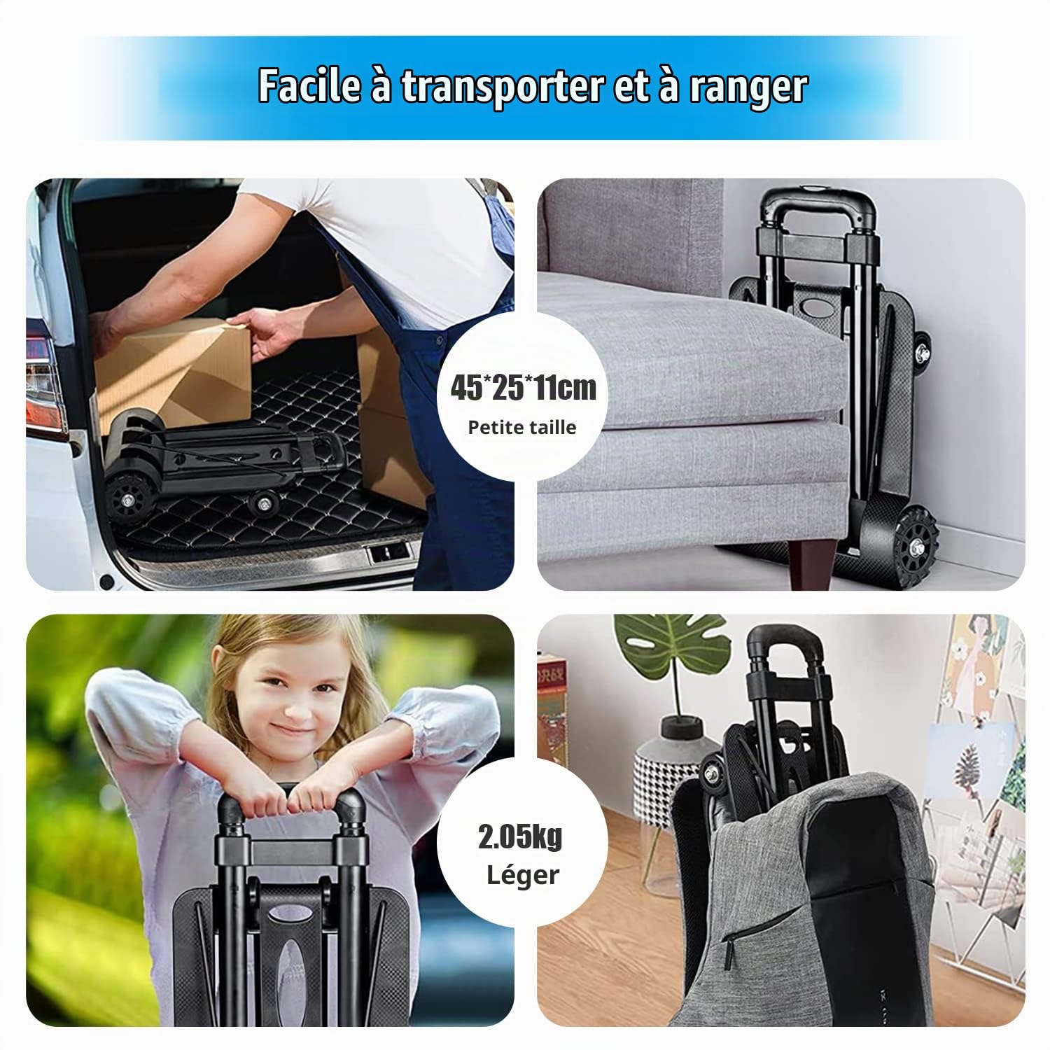 Mini diable pliable - Capacité de charge de 40 kg - Chariot de transport léger et pliable pour bagages, shopping, jardin, maison, bureau