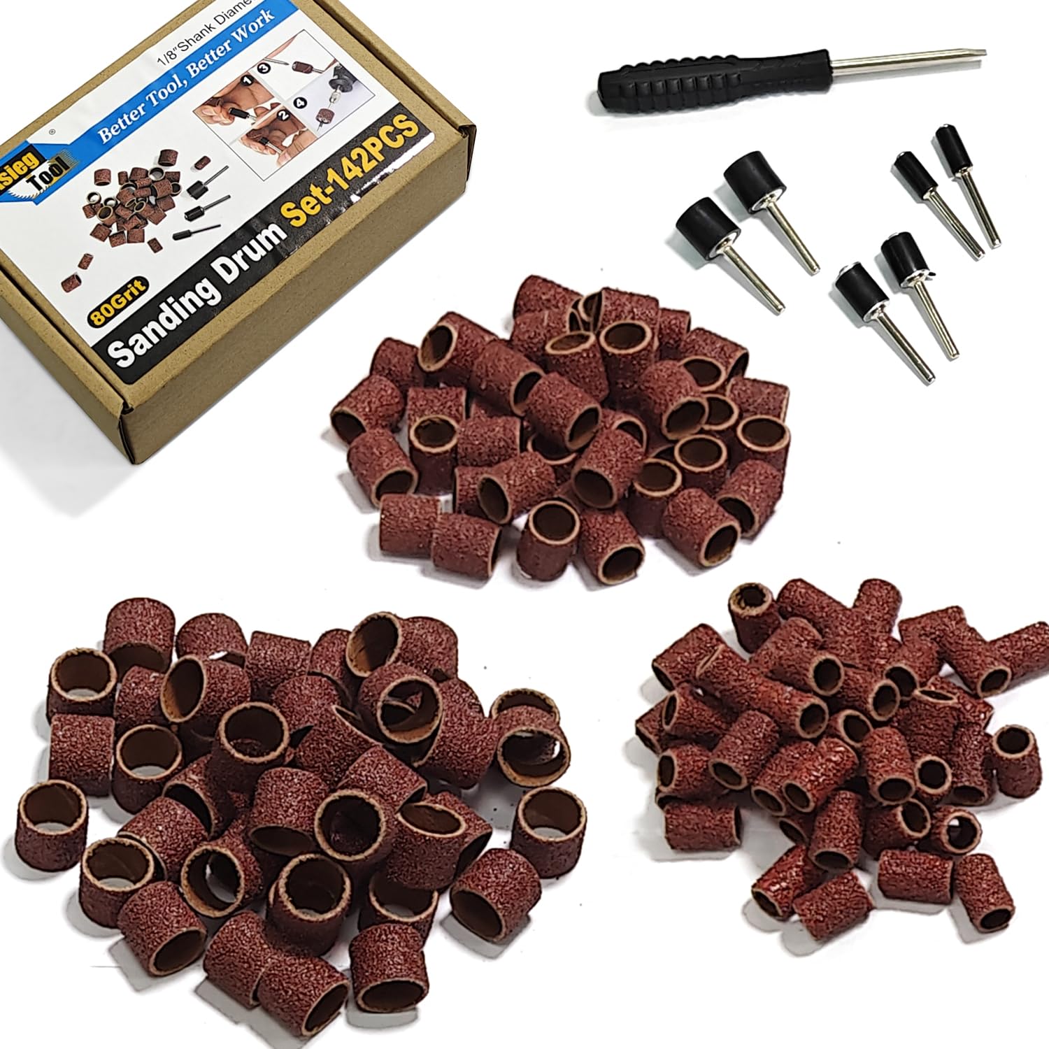 Asieg Tool Sanding Drum Kit 142Pcs 80Grit, 1/2" & 3/8" & 1/4" Diameter Drum Sanding Band with 3.17mm Shank Mandrels for Drill Dremel Rotary Tools Nails Drill