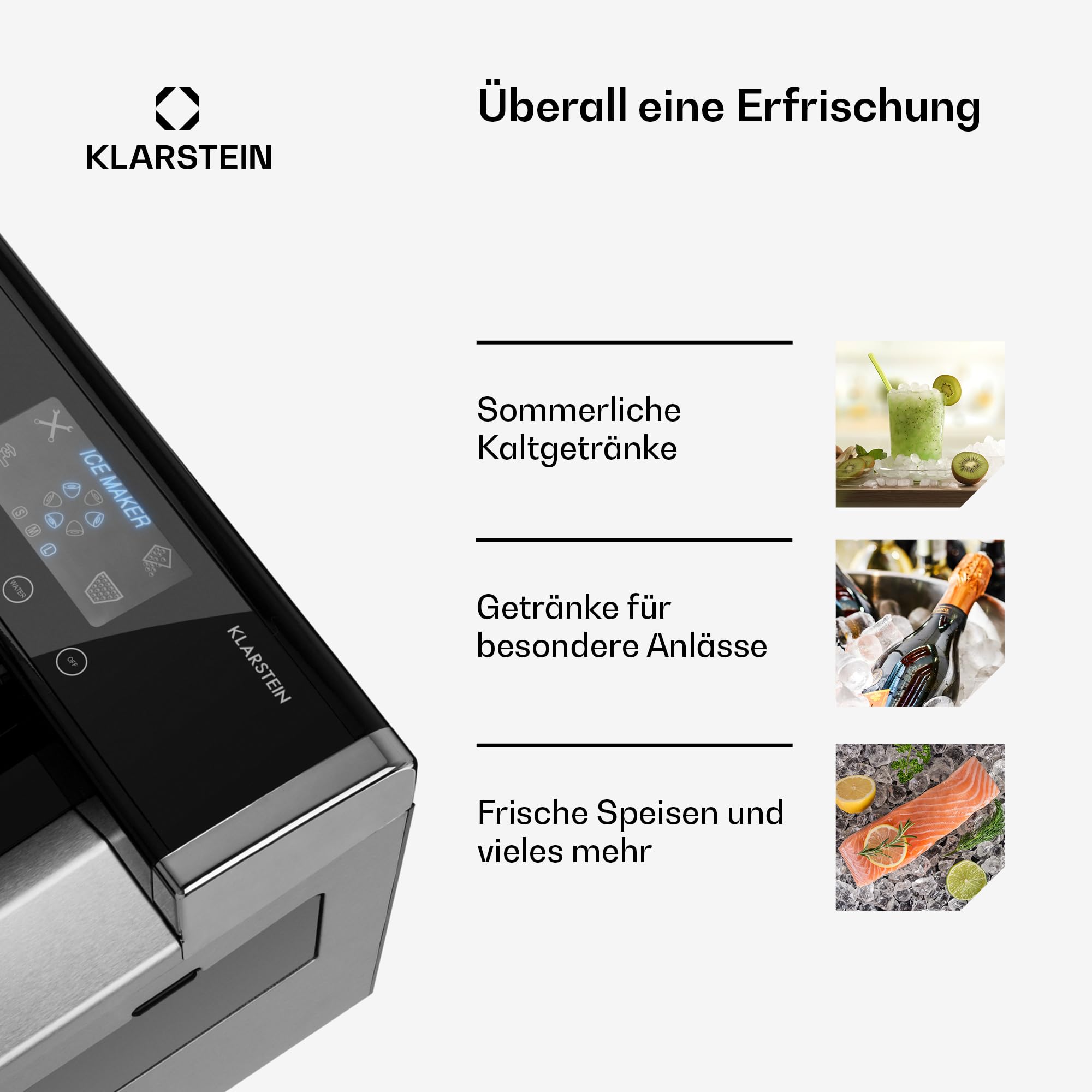 Klarstein Eiswürfelmaschine Klein, 3L Eiswürfelbereiter, Eiswürfelmaschine mit 3 Eiswürfel Größen, Schnelle Leichte Reinigung, Eiswürfelbereiter für 12kg Eis in 24h
