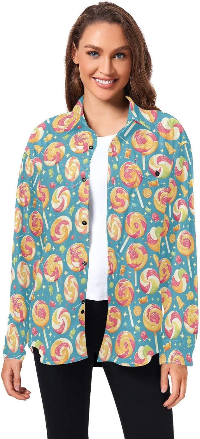 KLL Colorful Sweet Lollipop Candy Womens Men's Regular-Fit Rugby Shirts Vacation Long Sleeve Blouses