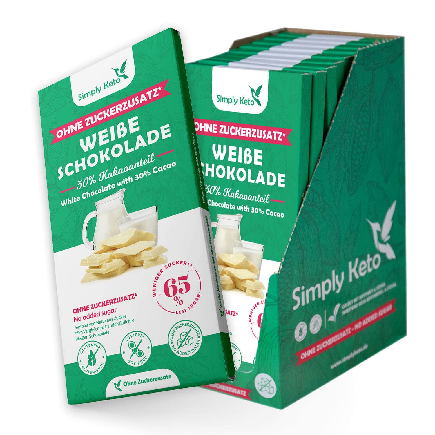 Simply Keto Zuckerreduzierte Weiße Lower Carb Schokolade 65% weniger Zucker Glutenfrei 12 x 100g