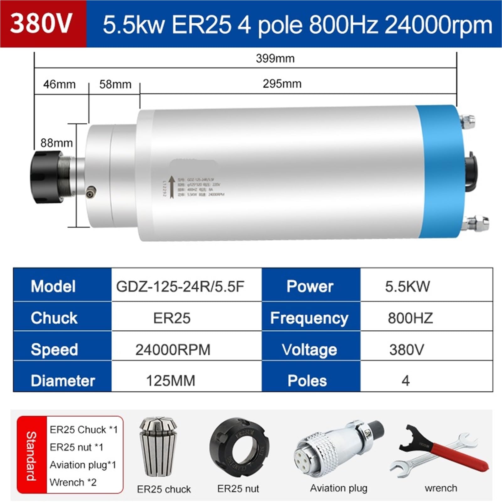 Fraiseuse CNC 5, KW 380V, Moteur refroidi à l'eau constante ER25 ER32 D125mm for Machine Graver sur métal(ER25 4 800Hz 24000)