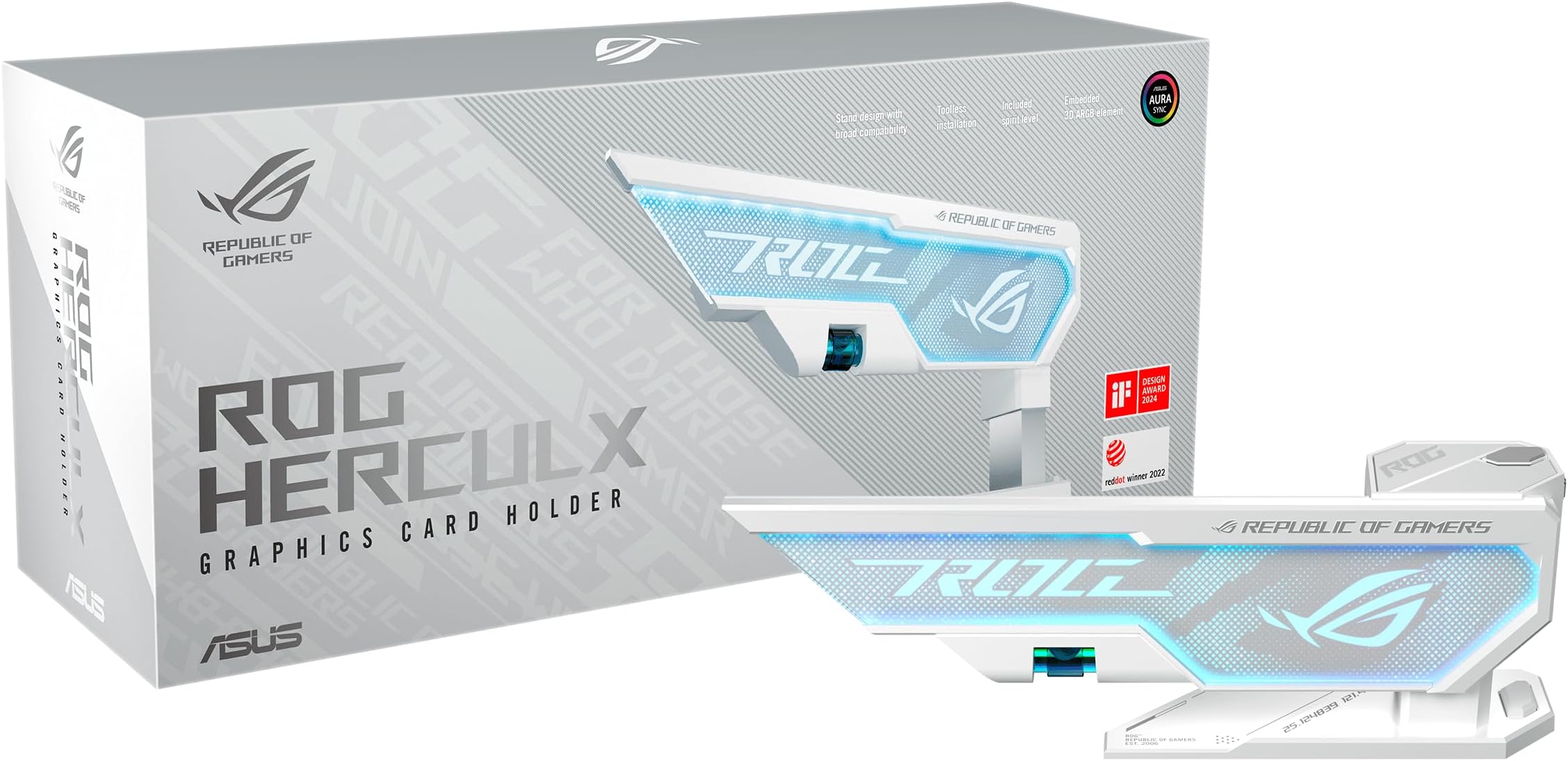 ASUS ROG Herculx Graphics Card Holder White Edition (Tool-Free Design, Included Spirit Level, Solid zinc Alloy, 72-128mm, Aura Sync)