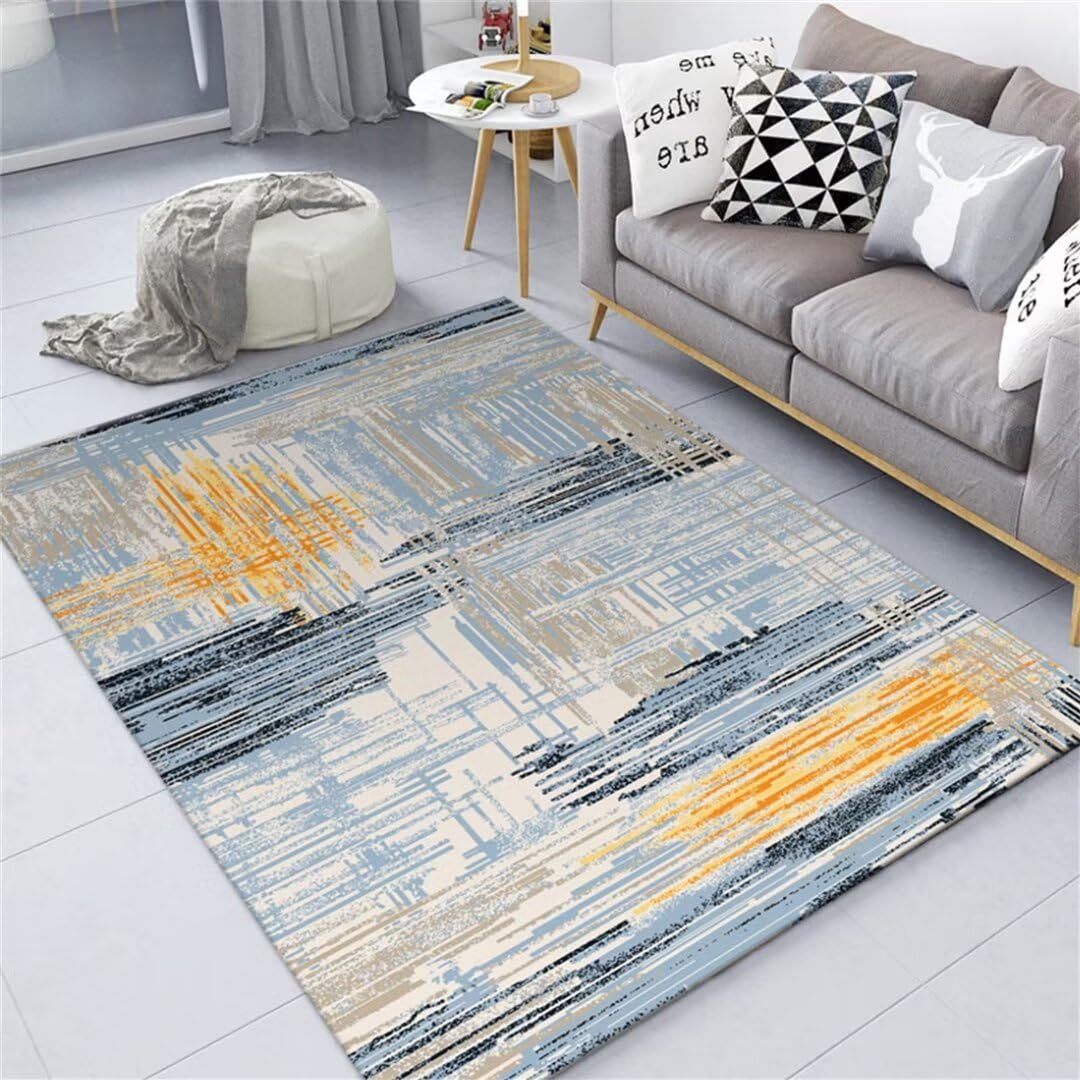 Tapis salon grande taille bleu en court pile résistant avec motif minimaliste pour sol élégant