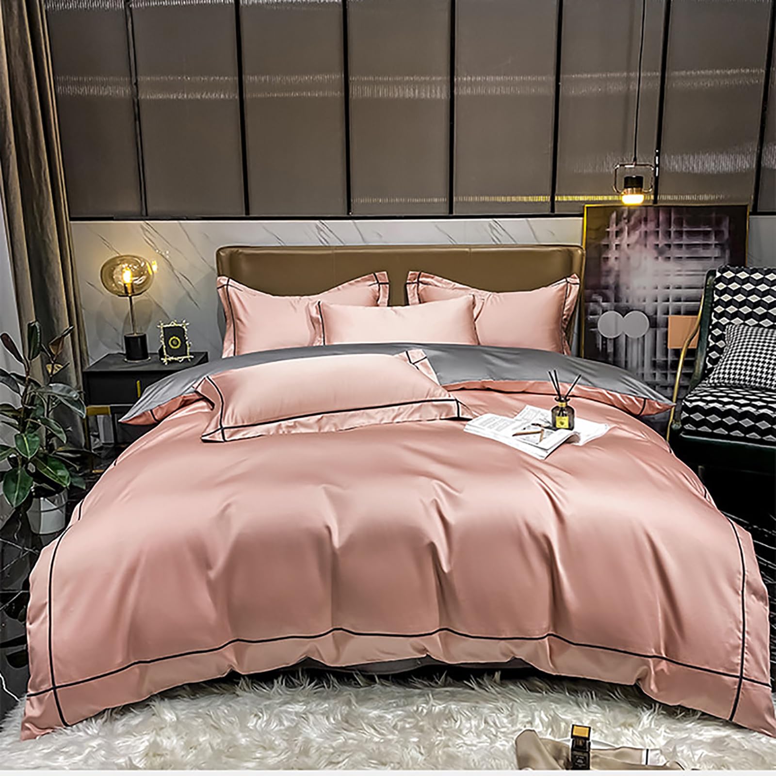 Ensemble housse de couette 4 pièces bicolore : parure de lit 220x240 coton avec zip