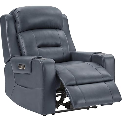 Watson & Whitely Genuine Leather Power Recliner Chairs for Adults, Lay Flat Recliner with Power Headrest, USB Ports and Cup Holders, Electric Reclining Sofa for Living Room, Bedroom, Navy