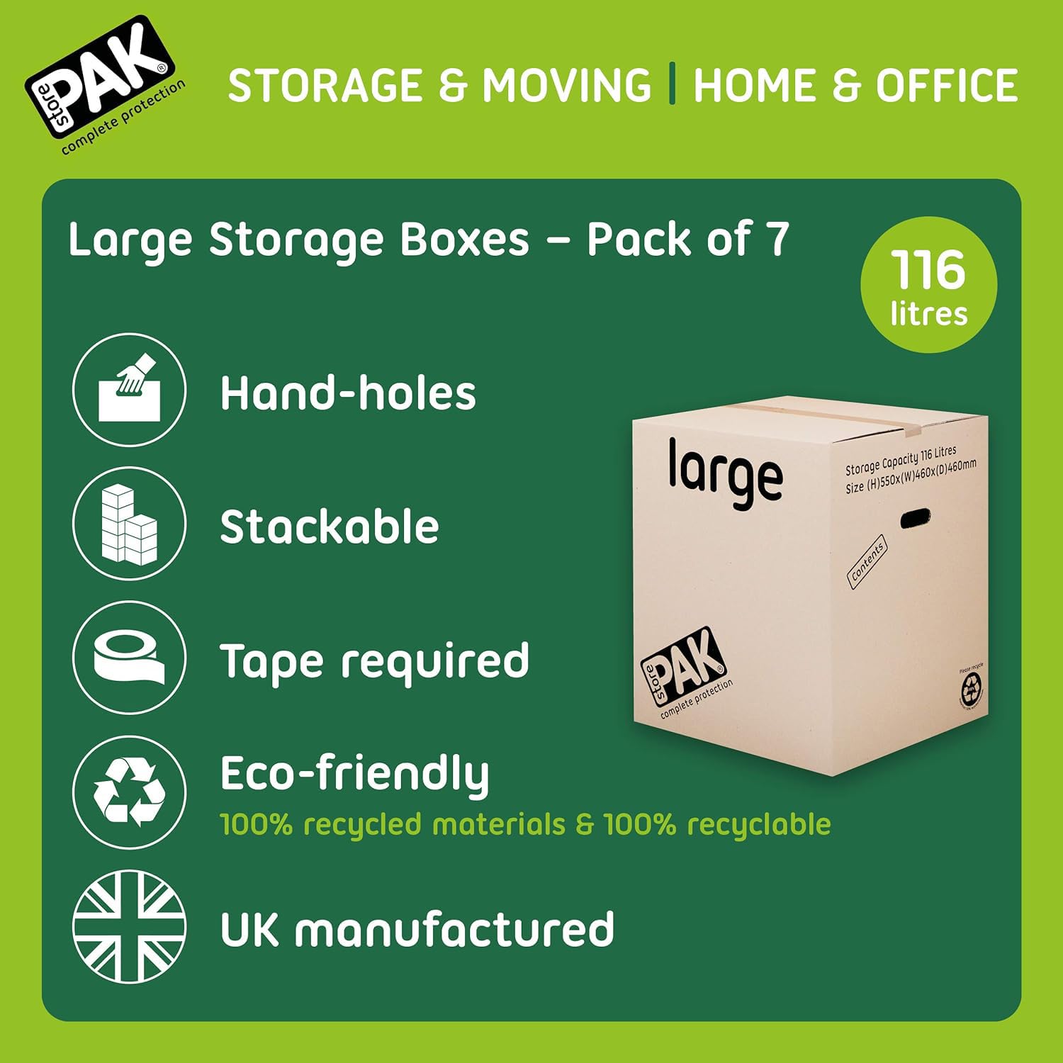 StorePAK Cajas de almacenamiento grandes con asas (7 unidades, 116 litros, 100% reciclables, 55 x 46 x 46 cm), color marrón