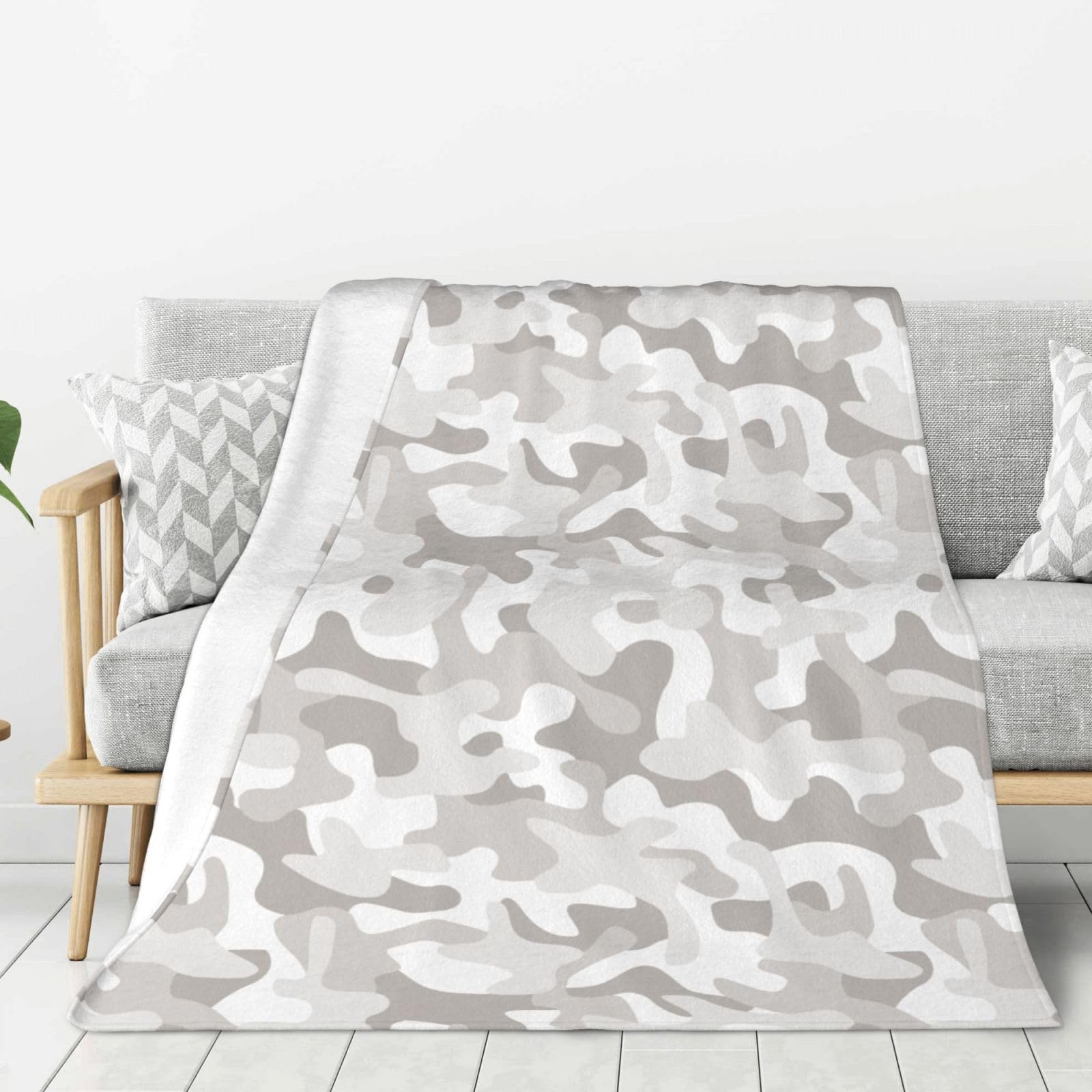 Couverture lit et canapé flanelle anti-frissons plaid gris camouflage