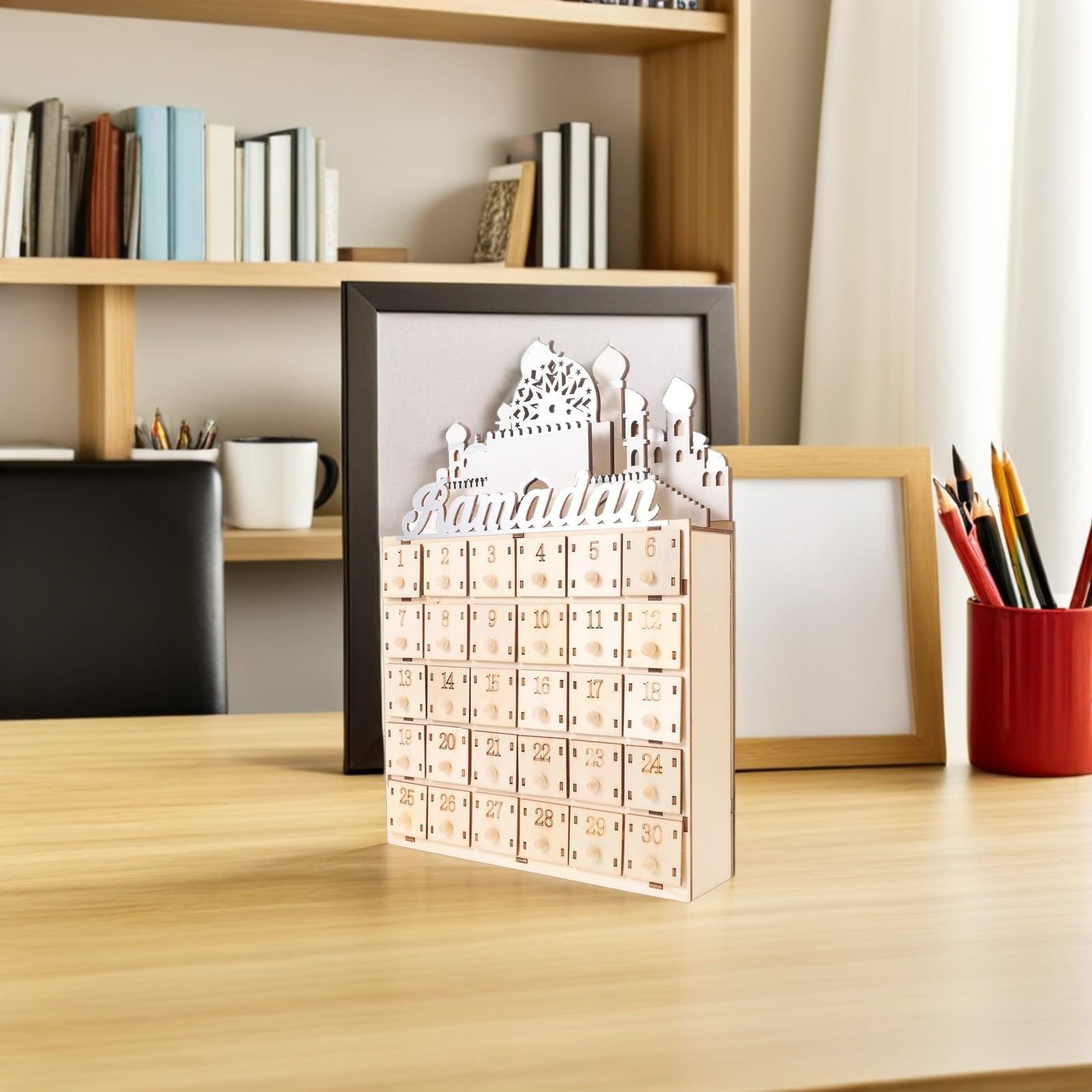 STOBAZA Islamischer Adventskalender mit 30 Kleiner Schubladen und LED Beleuchtung Ramadan Countdown Dekoration für Wohnzimmer und Schlafzimmer zur Familienbindung