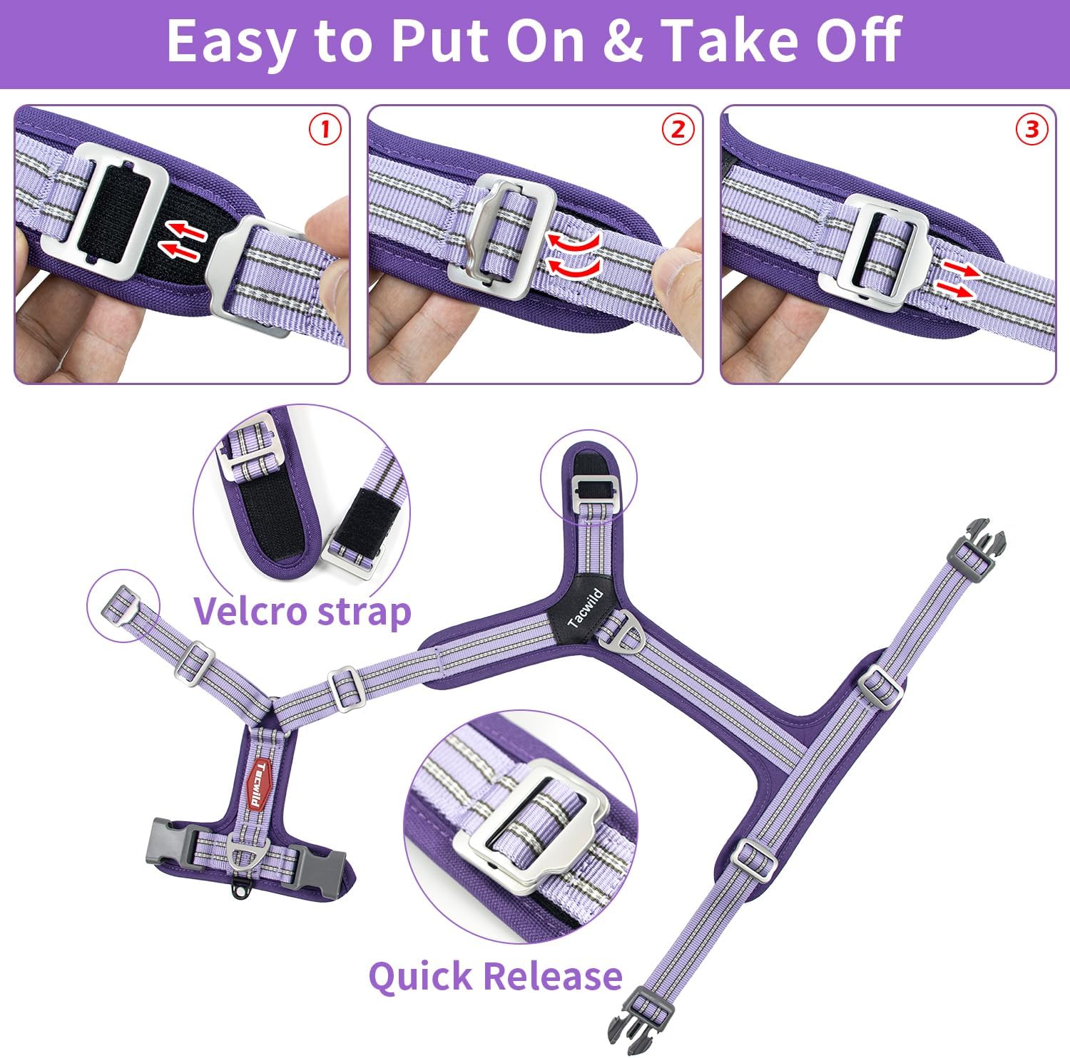No Pull Dog Harness - Adjustable Reflective Dog Vest with Metal Snap, Soft Breathable Mesh No Choke Puppy Harness, Easy to Put on & Take Off (Purple-M)