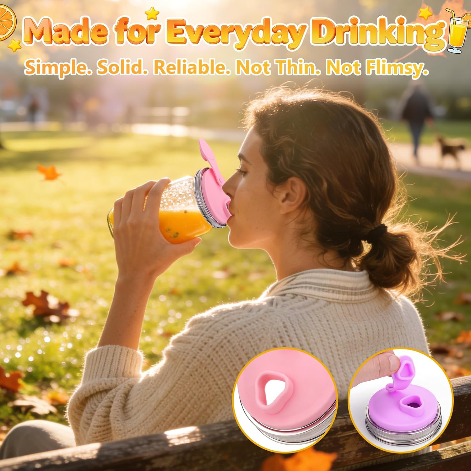 Wide Mouth Mason Jar Drinking Lids, Stainless Steel Silicone Sip Lid, 2 Pcs | Mason Jar Drink Lids for Iced Coffee, Smoothies & Cold Drinks, Leak Resistant, Reusable, Heavy Duty Metal