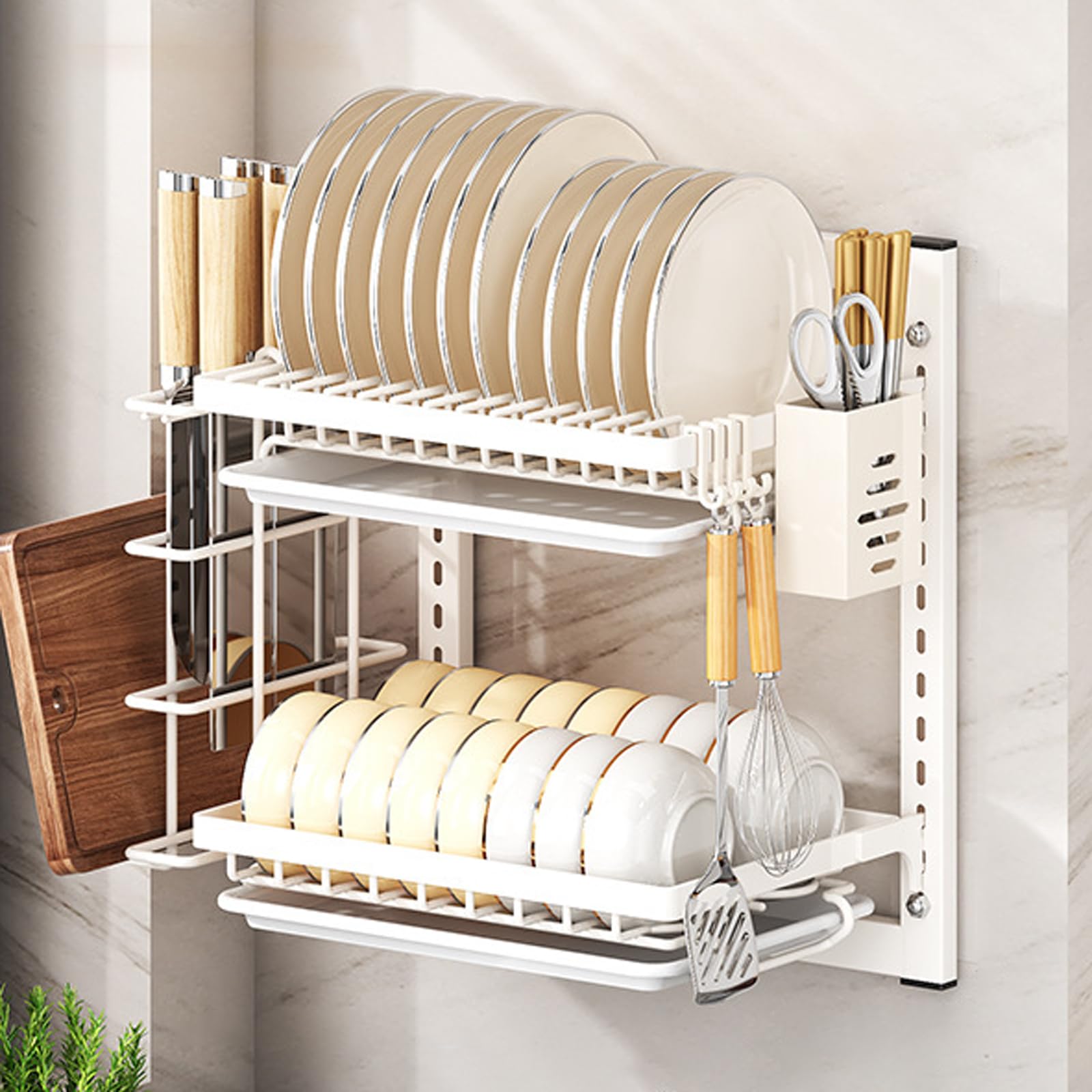 Escurridor de Platos de Pared, escurridor de Platos de Cocina de 2/3 Niveles, Rejilla para secar Platos, escurridor de Platos Colgante con Ganchos, Ajustable, para Utensilios de Cocina.